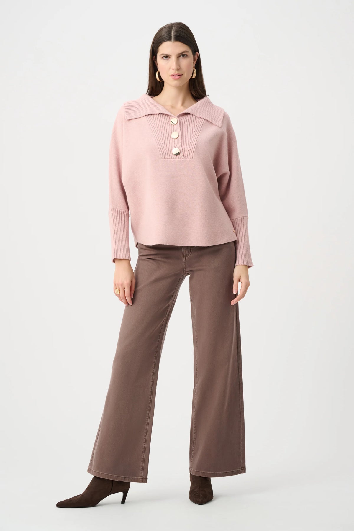 Joseph Ribkoff Button-Embellished Shawl-Neck Sweater in blush , style 263938 shown from the back