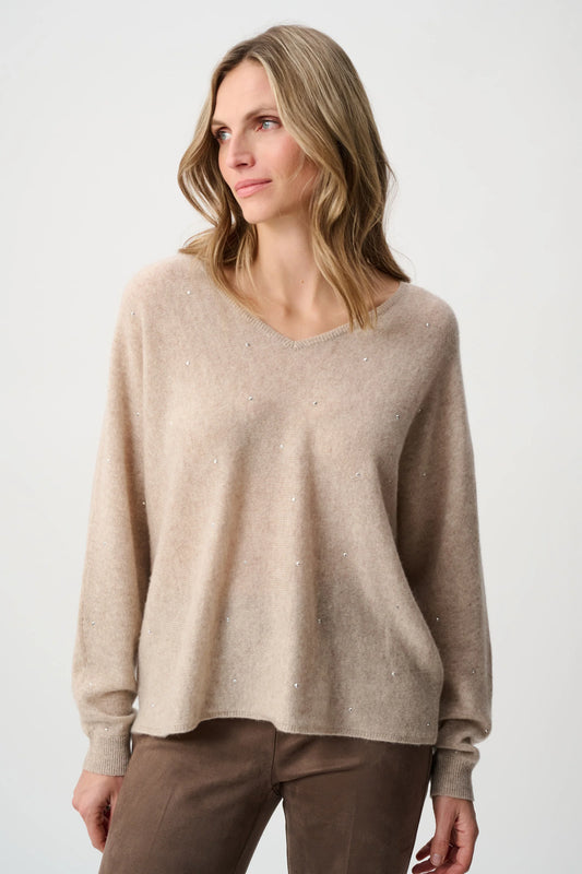 Joseph Ribkoff Cashmere Boxy Sweater With Rhinestone Detail in Oatmeal Melange, style 263940 shown from the front
