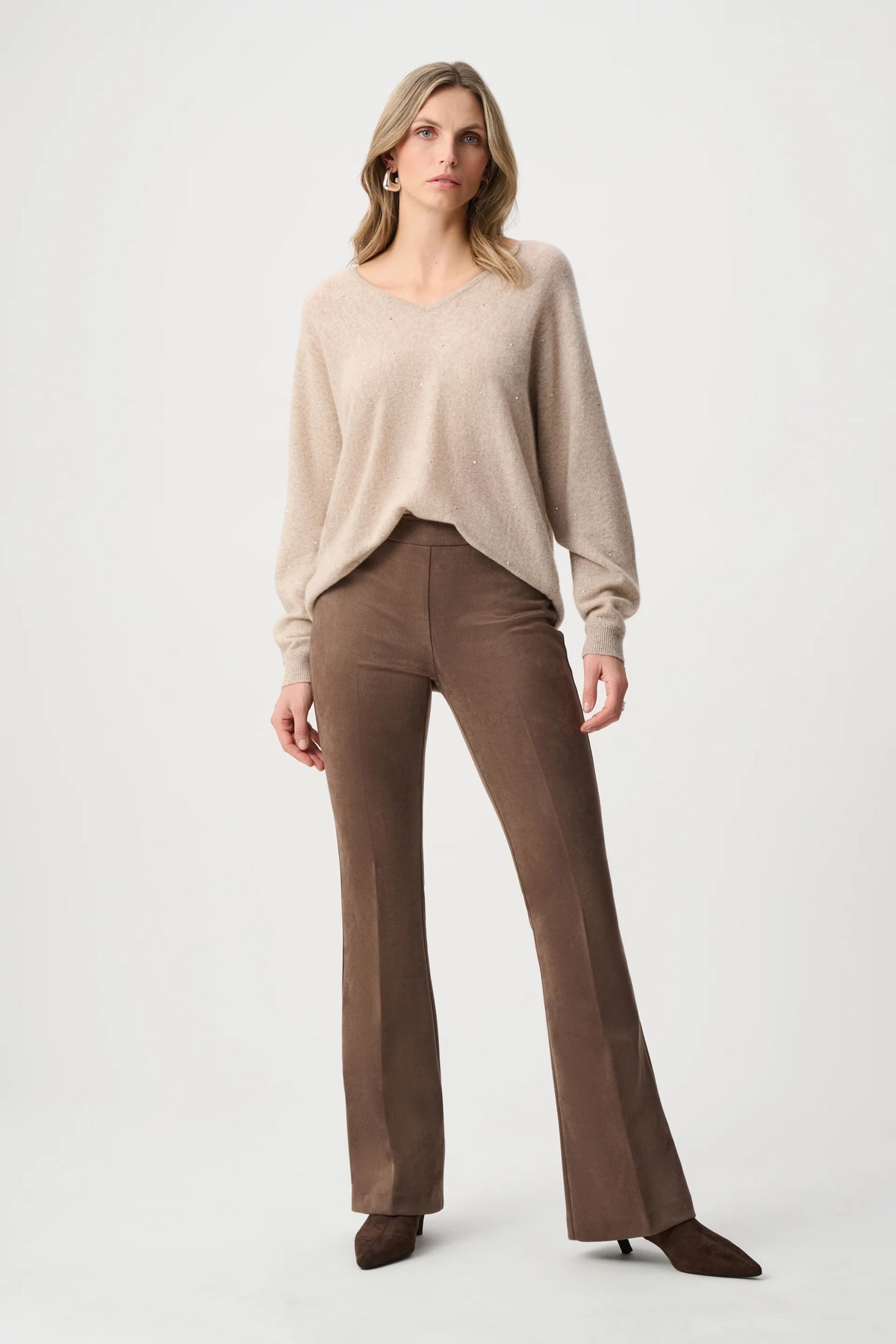 Full styled view featuring Joseph Ribkoff Cashmere Boxy Sweater With Rhinestone Detail in Oatmeal Melange, style 263940