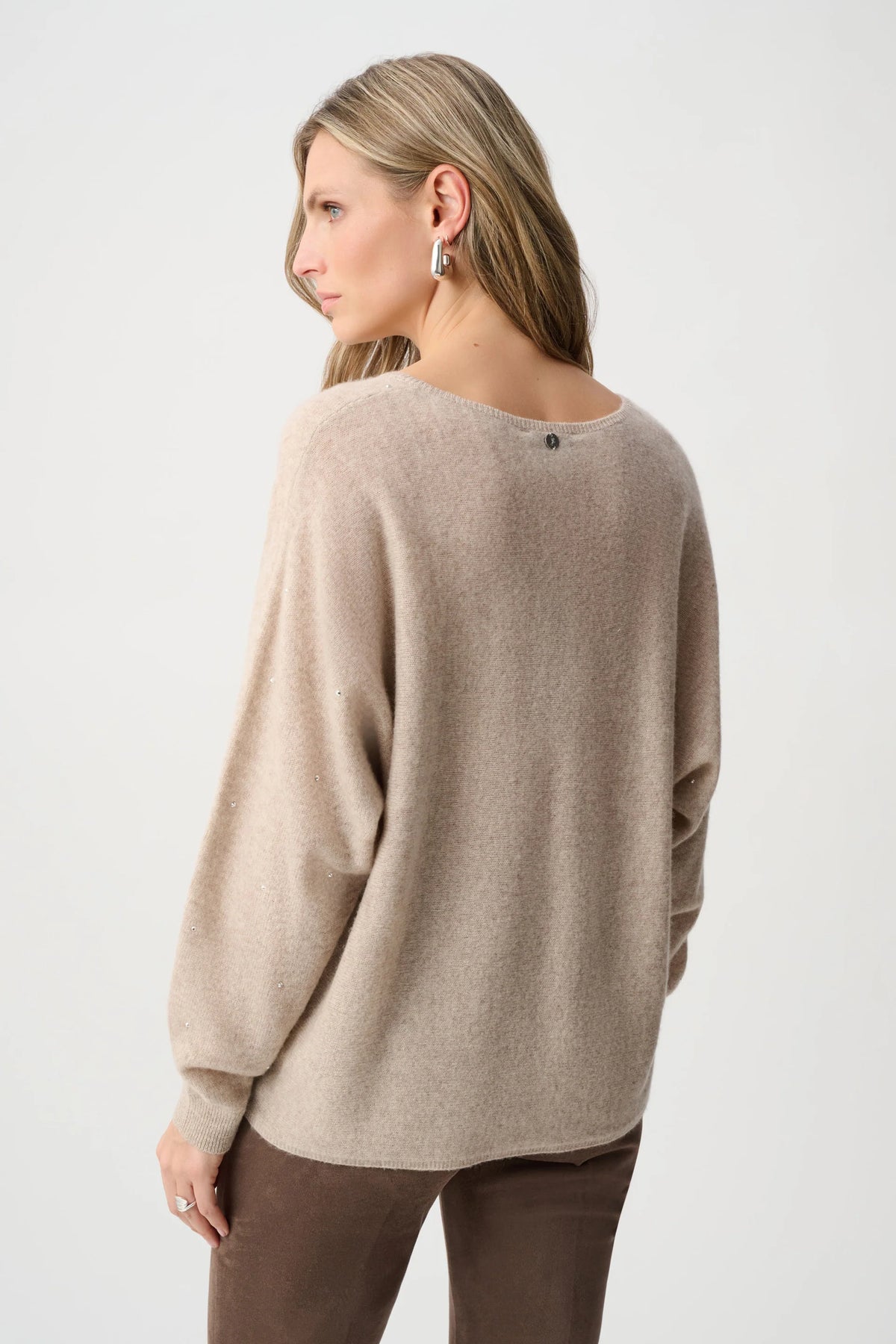 Joseph Ribkoff Cashmere Boxy Sweater With Rhinestone Detail in Oatmeal Melange, style 263940 shown from the back