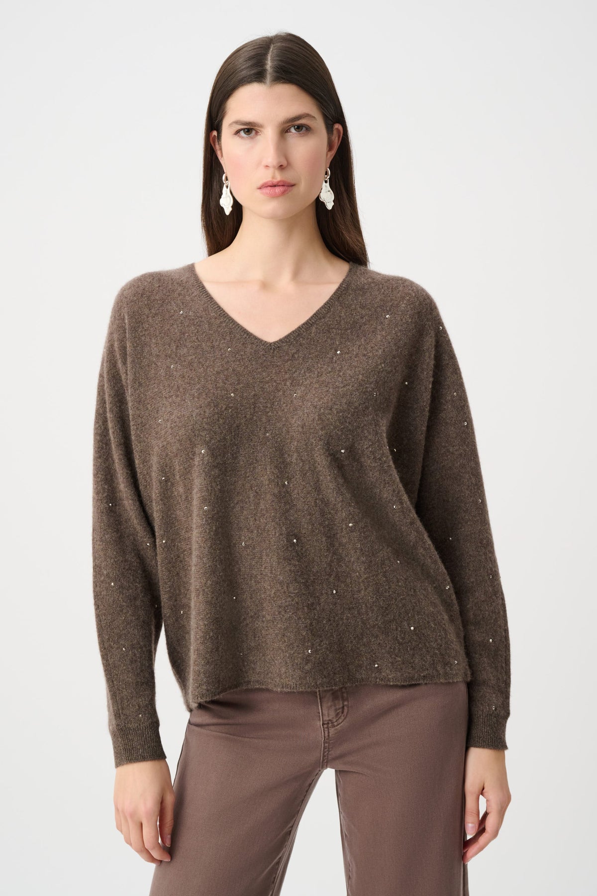 Joseph Ribkoff Cashmere Boxy Sweater With Rhinestone Detail in Dark Taupe Melange, style 263940 shown from the front