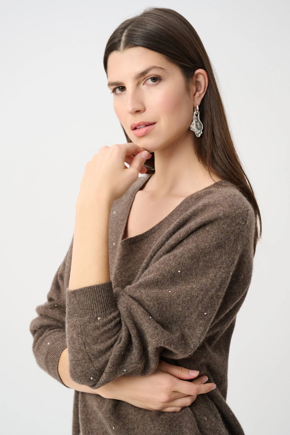 Joseph Ribkoff Cashmere Boxy Sweater With Rhinestone Detail in Dark Taupe Melange, style 263940 shown from the back