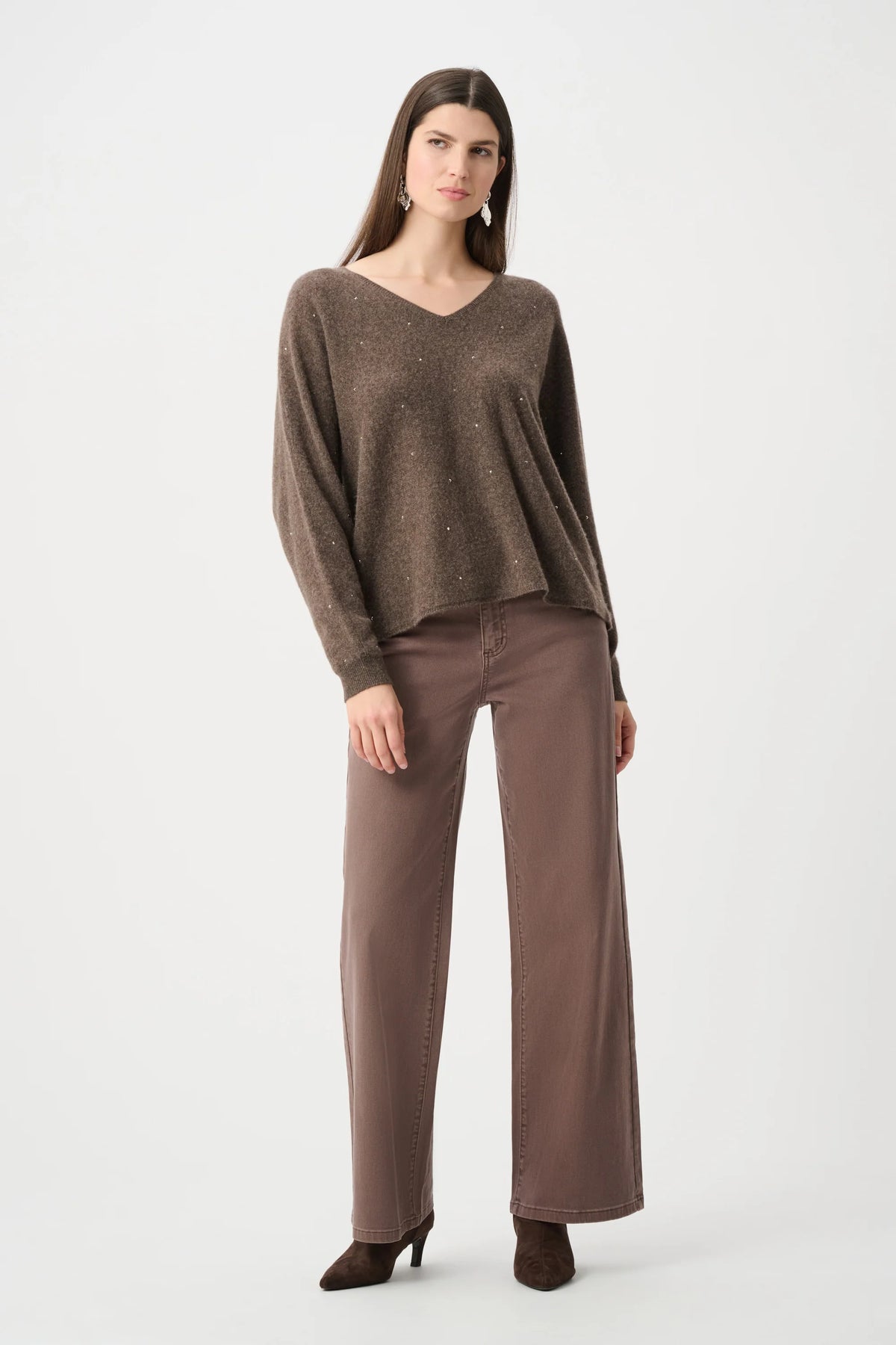 Full styled view featuring Joseph Ribkoff Cashmere Boxy Sweater With Rhinestone Detail in Dark Taupe Melange, style 263940