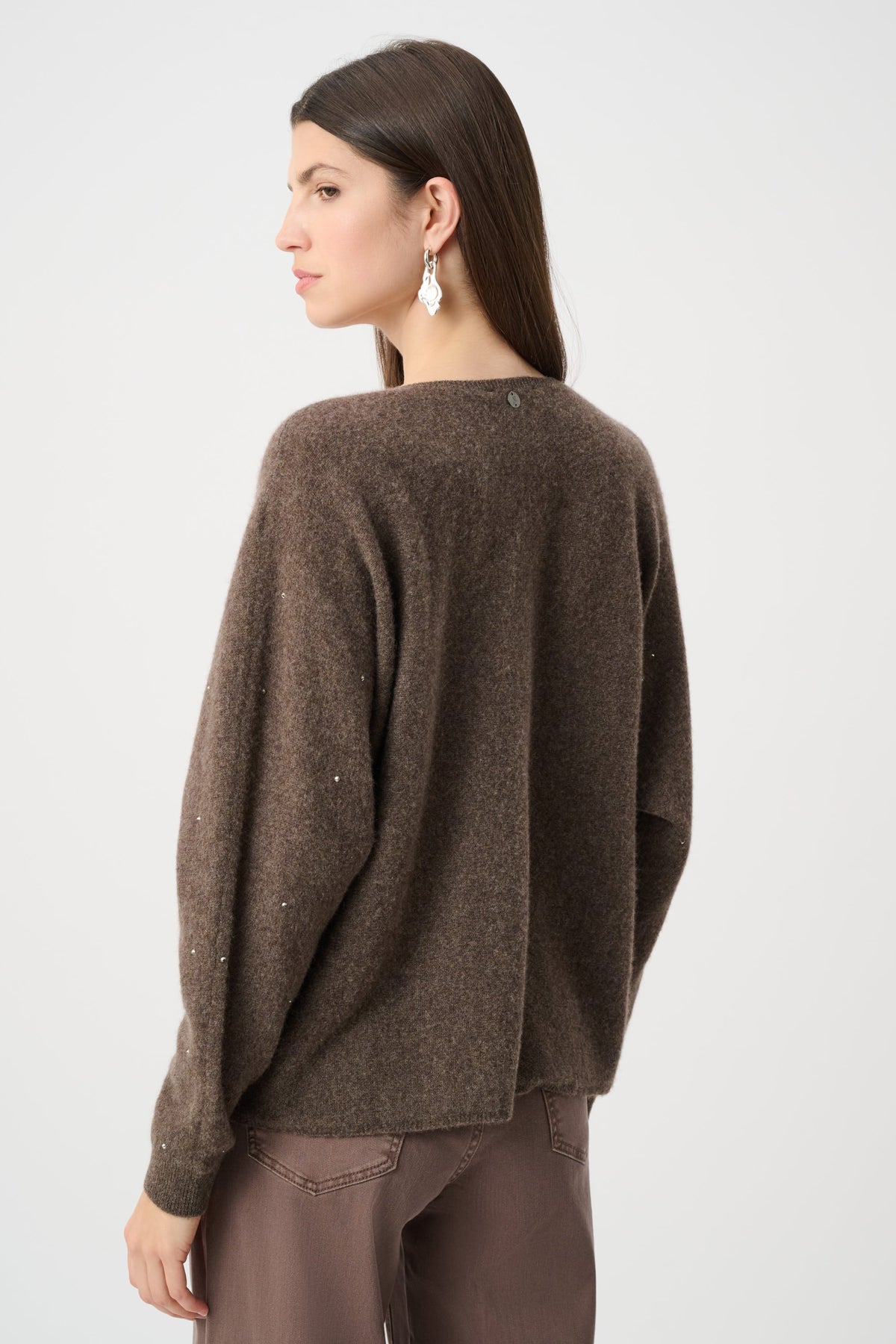 Joseph Ribkoff Cashmere Boxy Sweater With Rhinestone Detail in Dark Taupe Melange, style 263940 shown from the back
