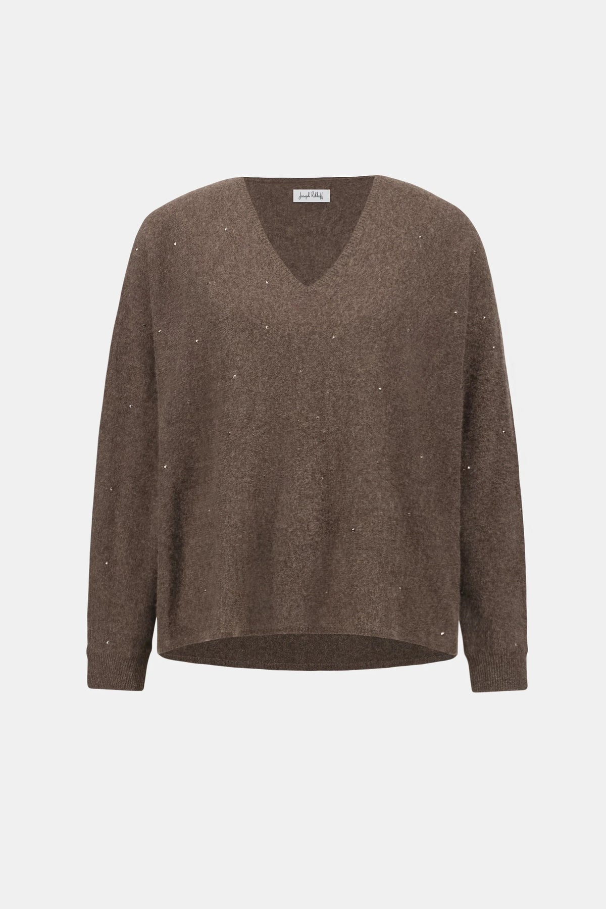 Joseph Ribkoff Cashmere Boxy Sweater With Rhinestone Detail in dark taupe Melange, style 263940 shown from the front