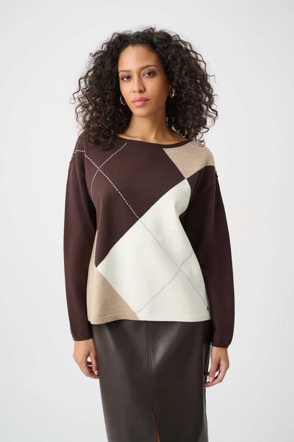 Joseph Ribkoff Argyle Pattern Crewneck Sweater in Mocha/Multi, style 263948 front view