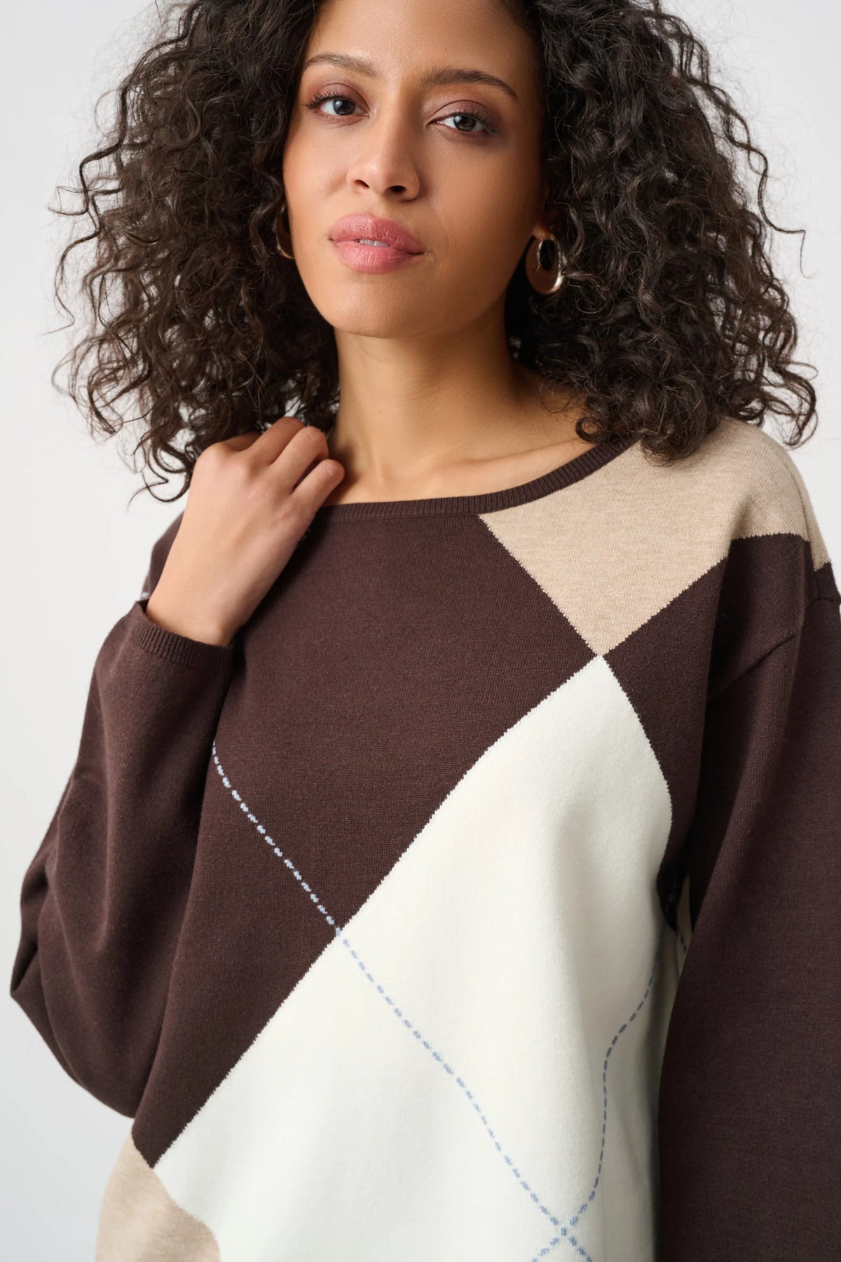 Close-up of neckline and front details on Joseph Ribkoff Argyle Pattern Crewneck Sweater in Mocha/Multi, style 263948
