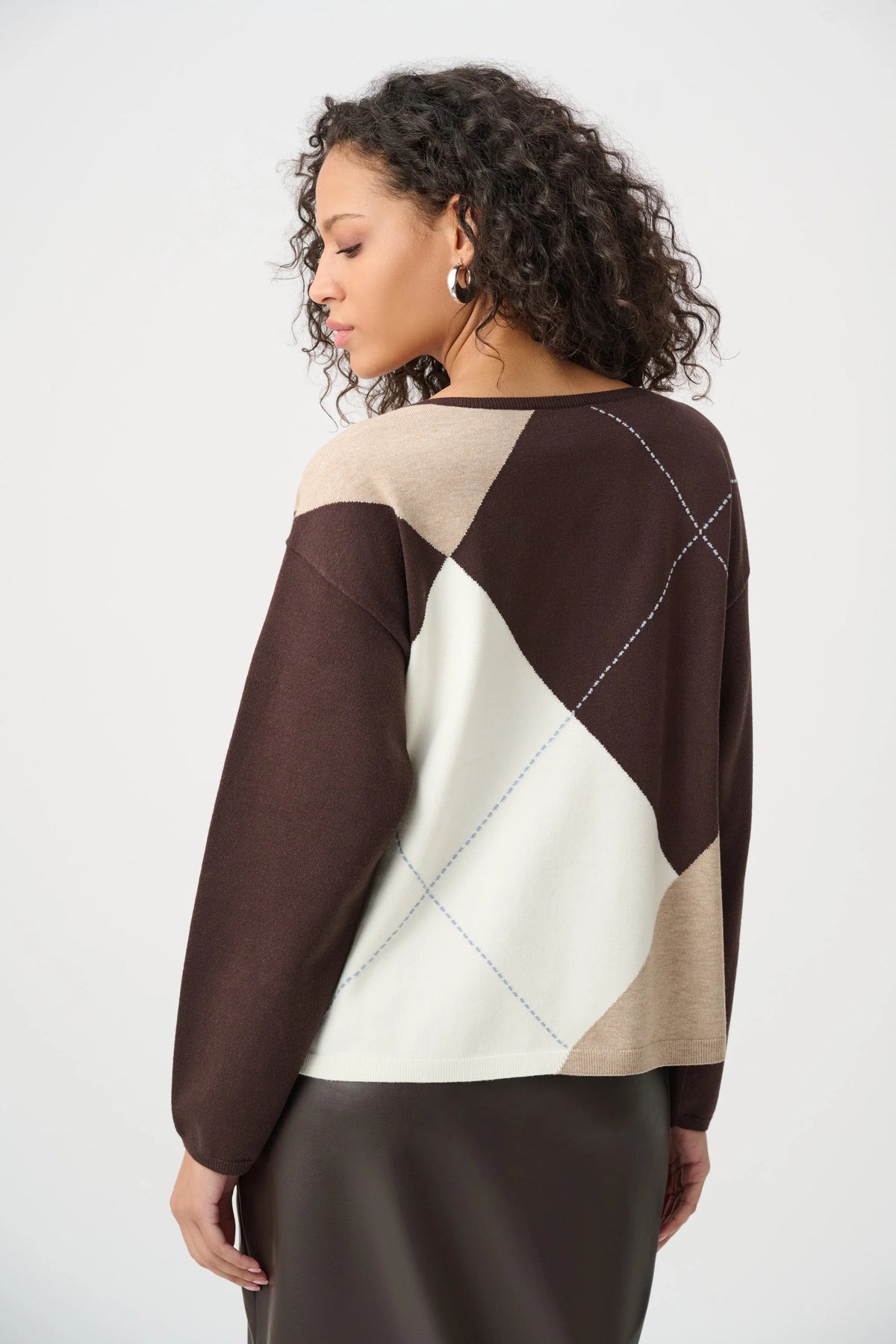 Joseph Ribkoff Argyle Pattern Crewneck Sweater in Mocha/Multi, style 263948 back view