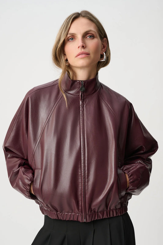 Joseph Ribkoff Leatherette Mock-Neck Bomber Jacket in Burgundy, style 263971 shown from the front