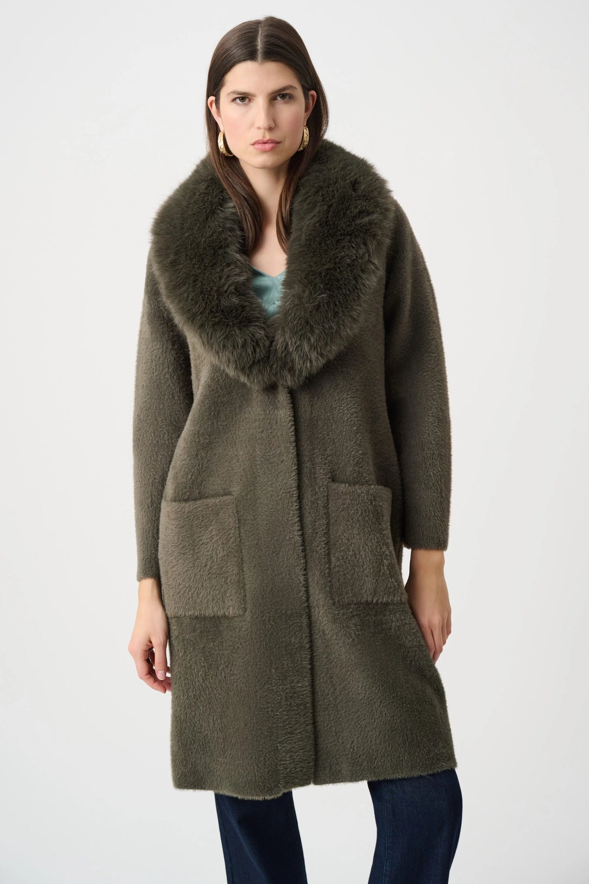 Joseph Ribkoff Detachable Faux-Fur Shawl Collar Coat in Avocado, style 263973 shown from the front