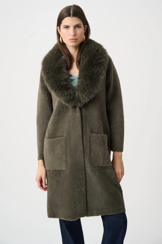 Joseph Ribkoff Detachable Faux-Fur Shawl Collar Coat in Avocado, style 263973 shown from the front