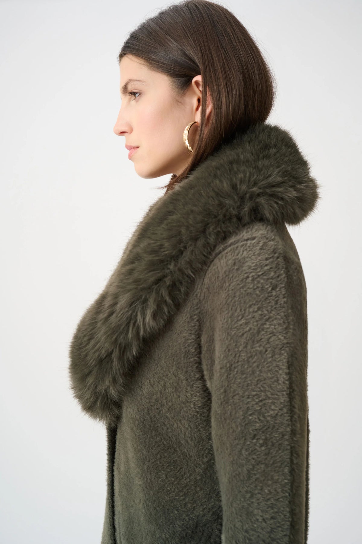 Joseph Ribkoff Detachable Faux-Fur Shawl Collar Coat in Avocado, style 263973 shown at a three-quarter angle side angle
