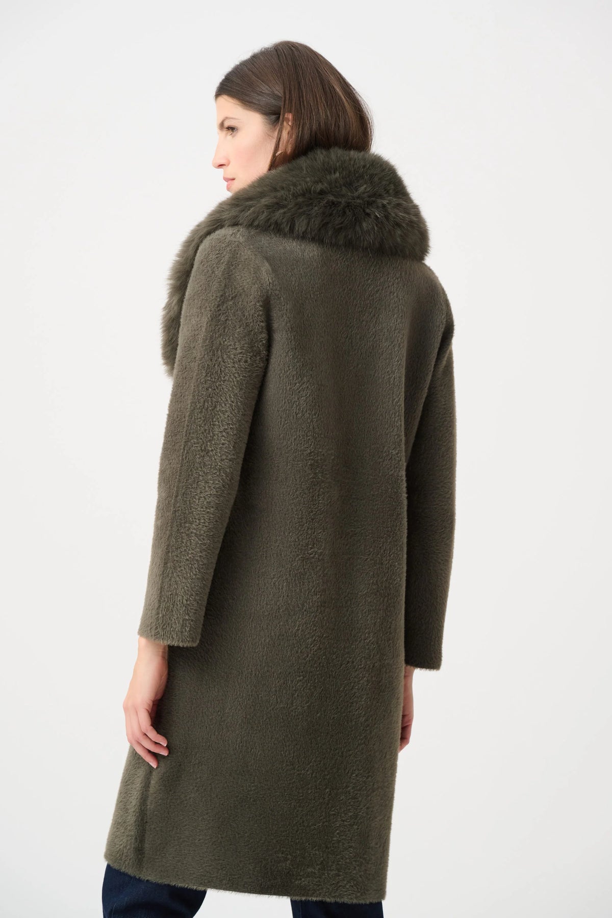 Joseph Ribkoff Detachable Faux-Fur Shawl Collar Coat in Avocado, style 263973 shown from the back