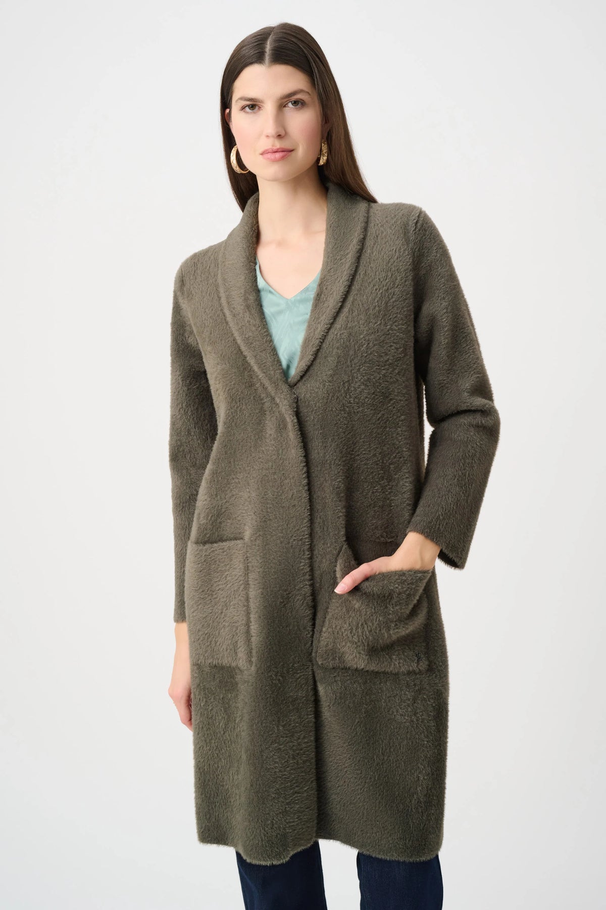 Joseph Ribkoff Detachable Faux-Fur Shawl Collar Coat in Avocado, style 263973