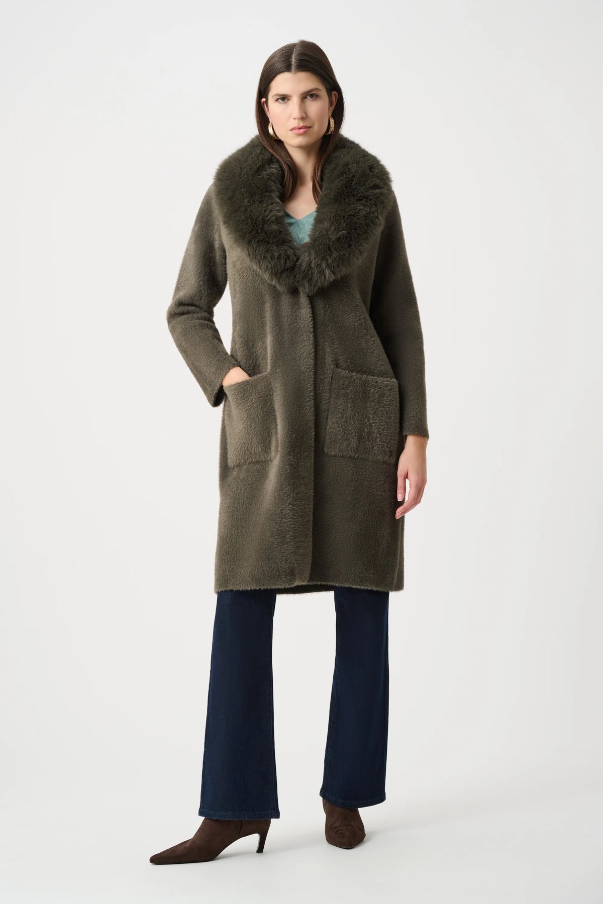  Joseph Ribkoff Detachable Faux-Fur Shawl Collar Coat in Avocado, style 263973 fully styled 