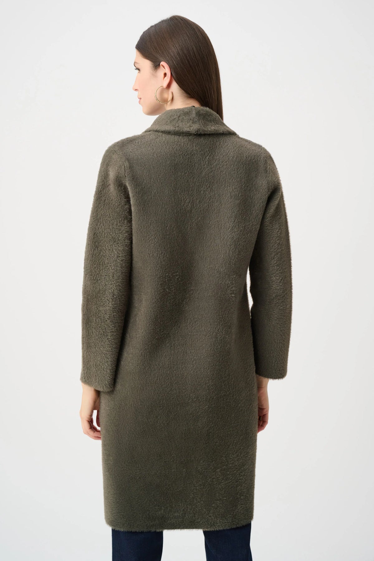Joseph Ribkoff Detachable Faux-Fur Shawl Collar Coat in Avocado, style 263973 shown from the back