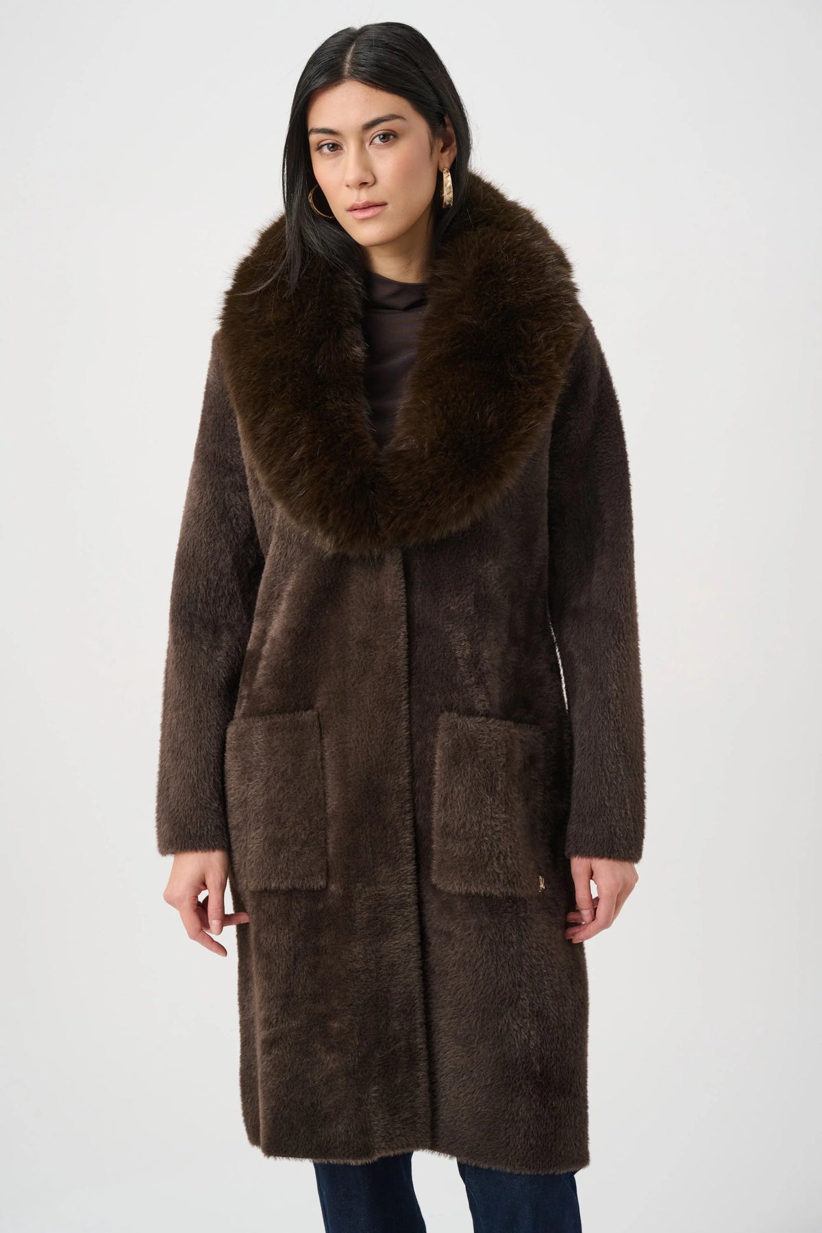 Joseph Ribkoff Detachable Faux-Fur Shawl Collar Coat in Mocha, style 263973 shown from the front