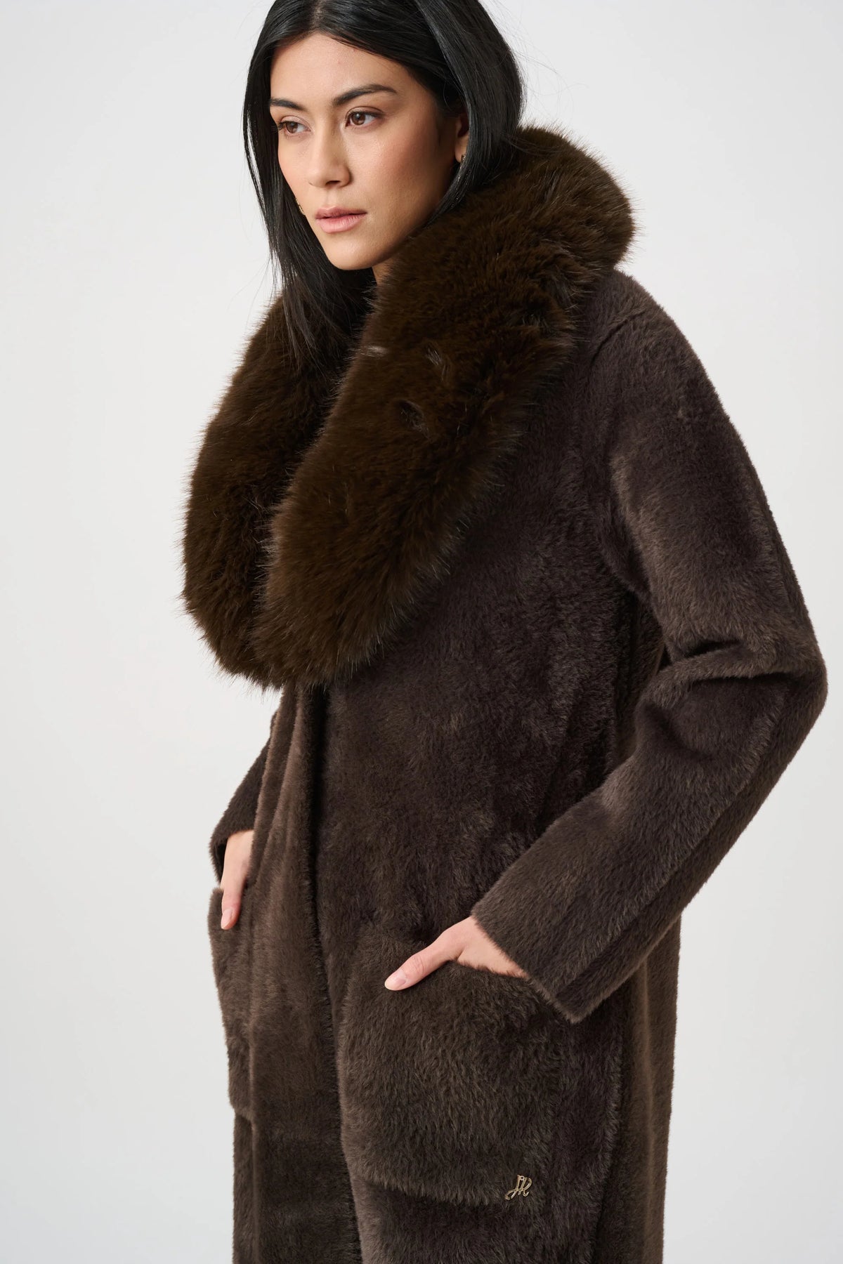 Joseph Ribkoff Detachable Faux-Fur Shawl Collar Coat in mocha, style 263973 shown at a three-quarter angle