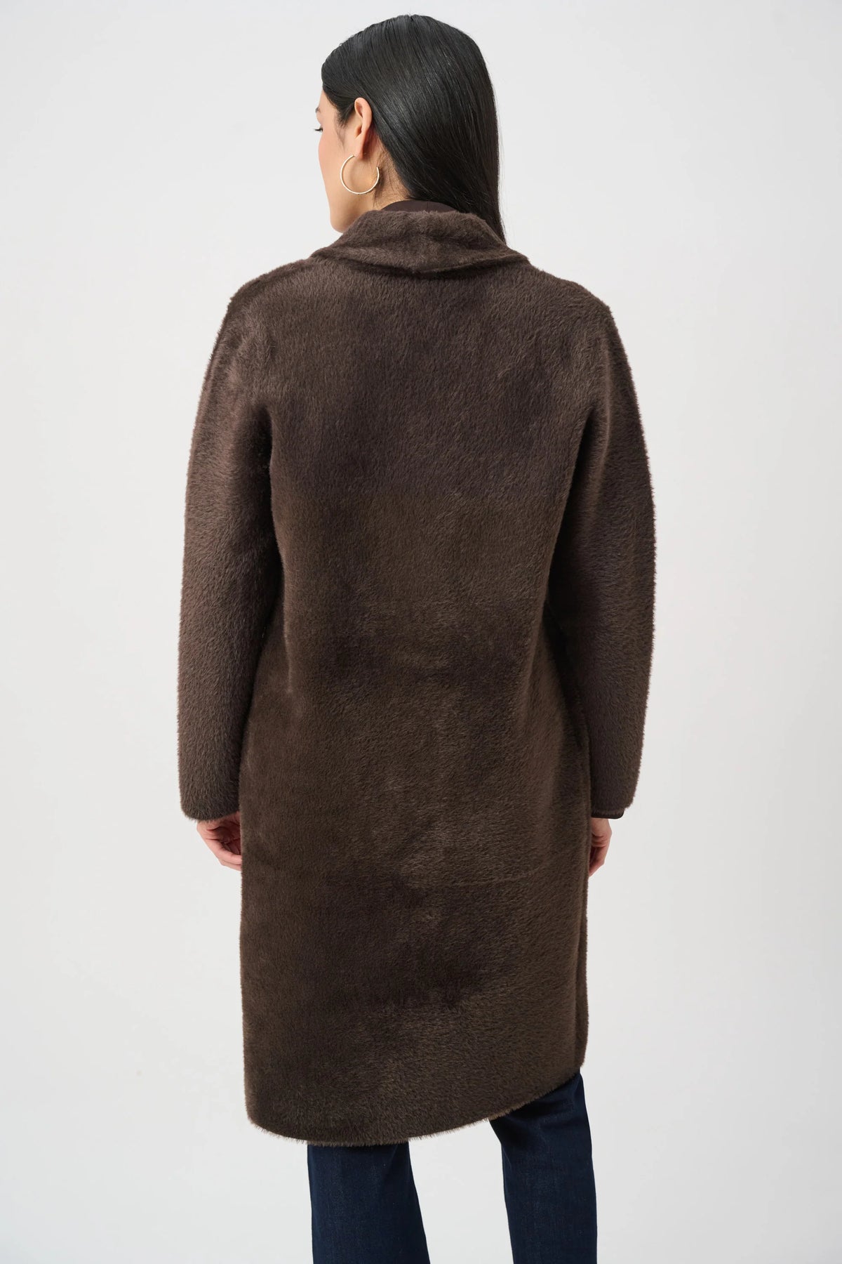 Joseph Ribkoff Detachable Faux-Fur Shawl Collar Coat in mocha, style 263973 shown from the back
