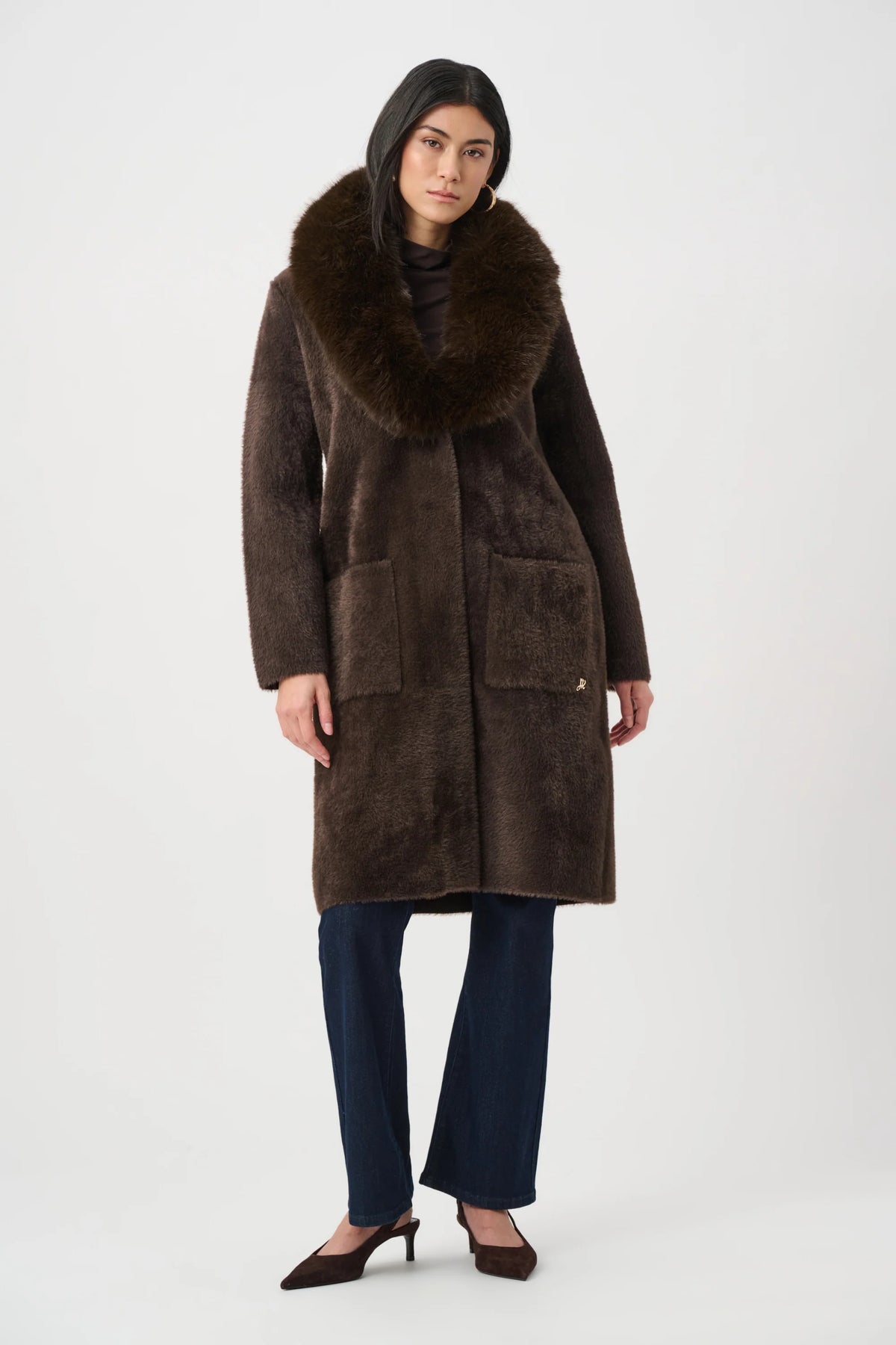Full styled view featuring Joseph Ribkoff Detachable Faux-Fur Shawl Collar Coat in , style 263973 mocha 