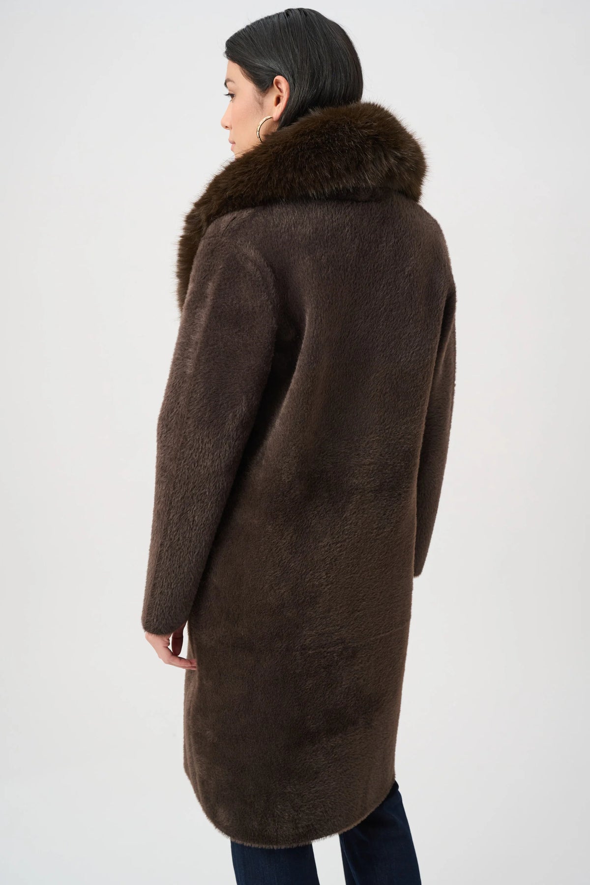 Full styledback  view featuring Joseph Ribkoff Detachable Faux-Fur Shawl Collar Coat in mochA, style 263973