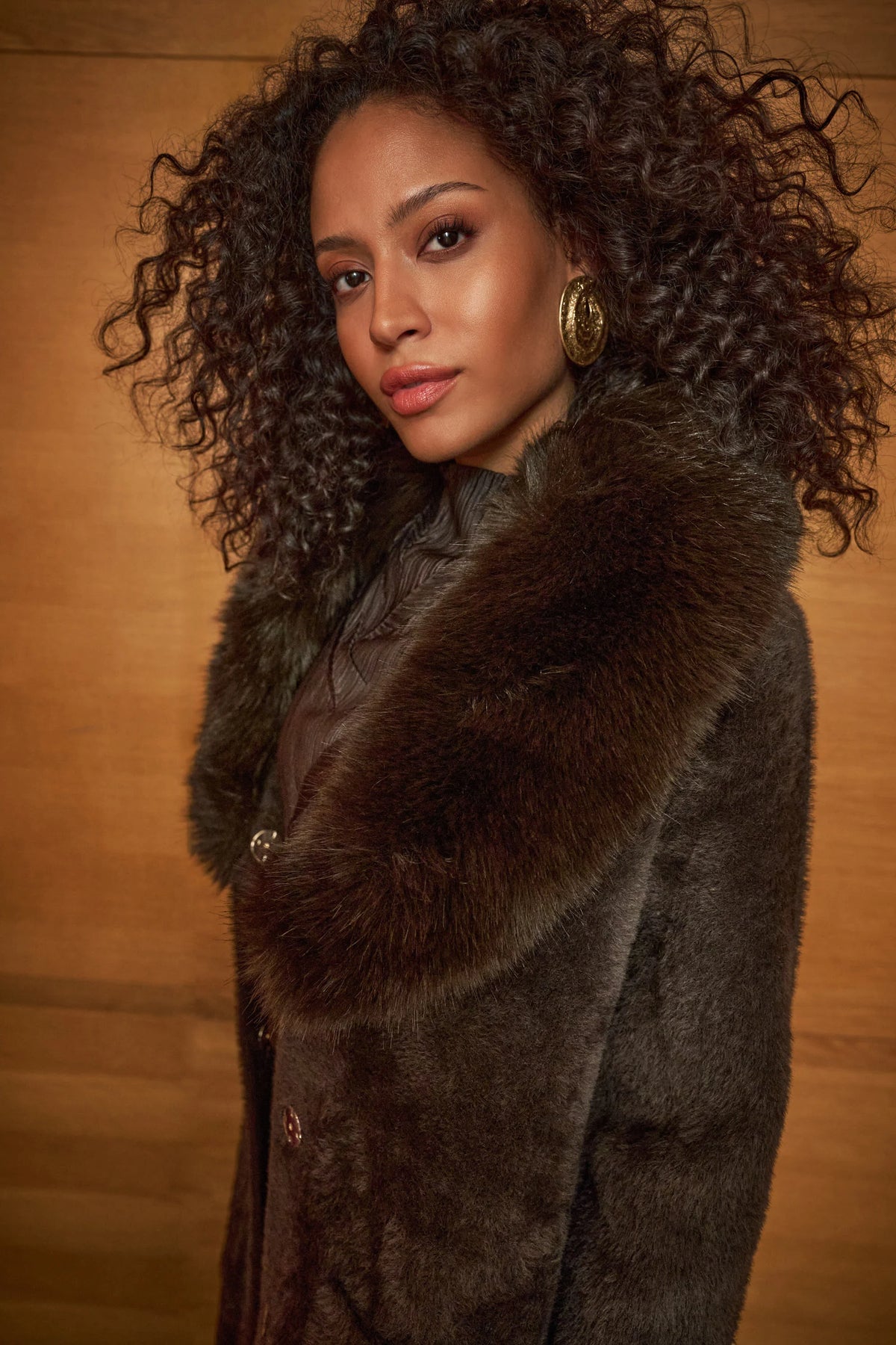 close up of Full styled view featuring Joseph Ribkoff Detachable Faux-Fur Shawl Collar Coat in mocha  style 263973