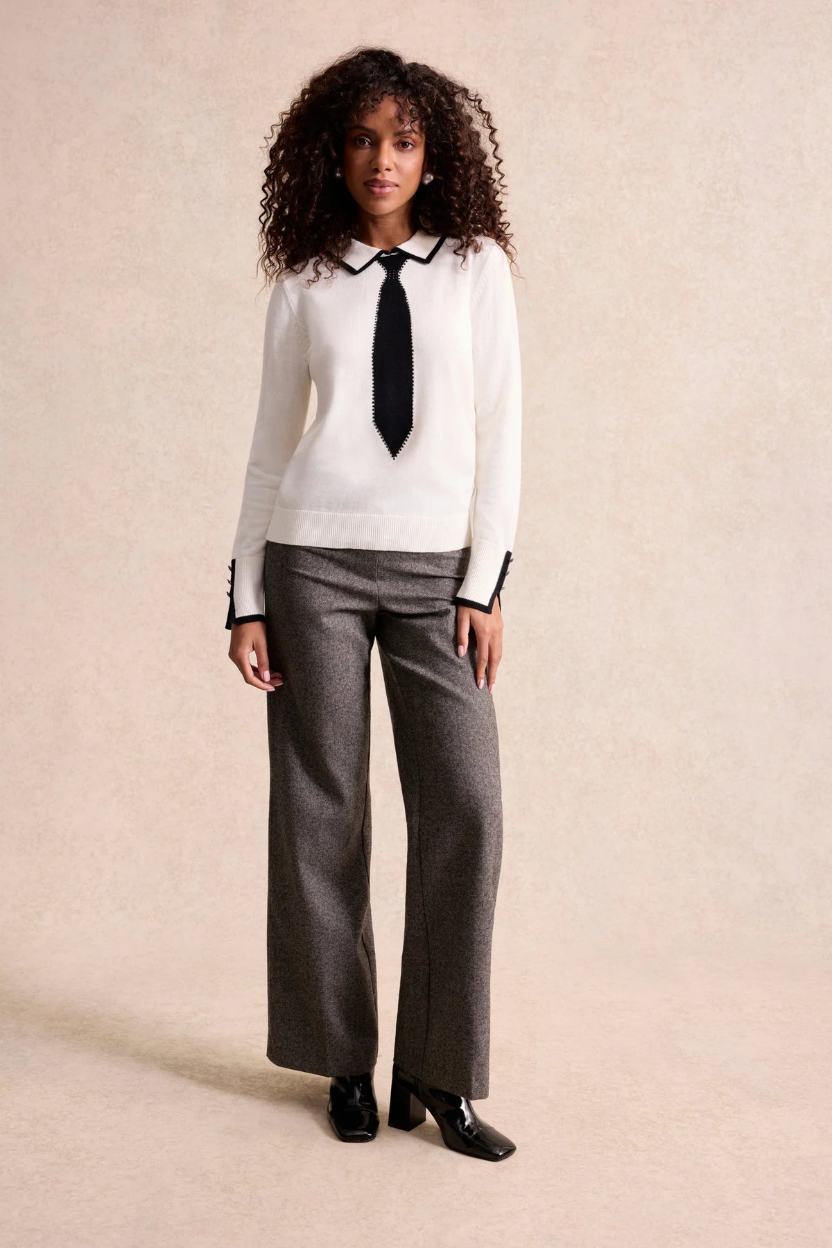 Leo & Ugo Capucine Shirt and Tie Sweater in Ecru front view
