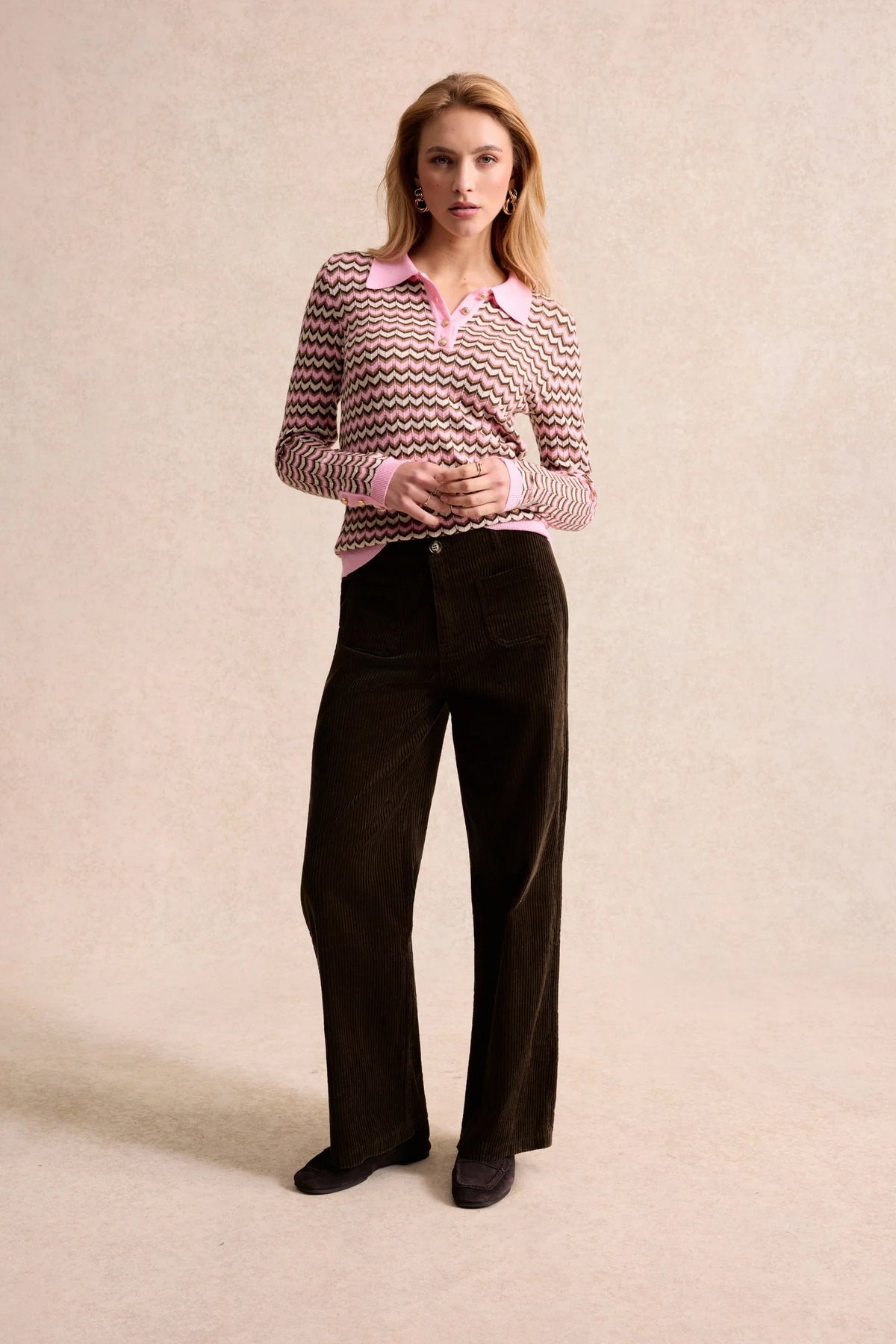 Leo & Ugo Clémence Zigzag Polo Sweater in Pink front view