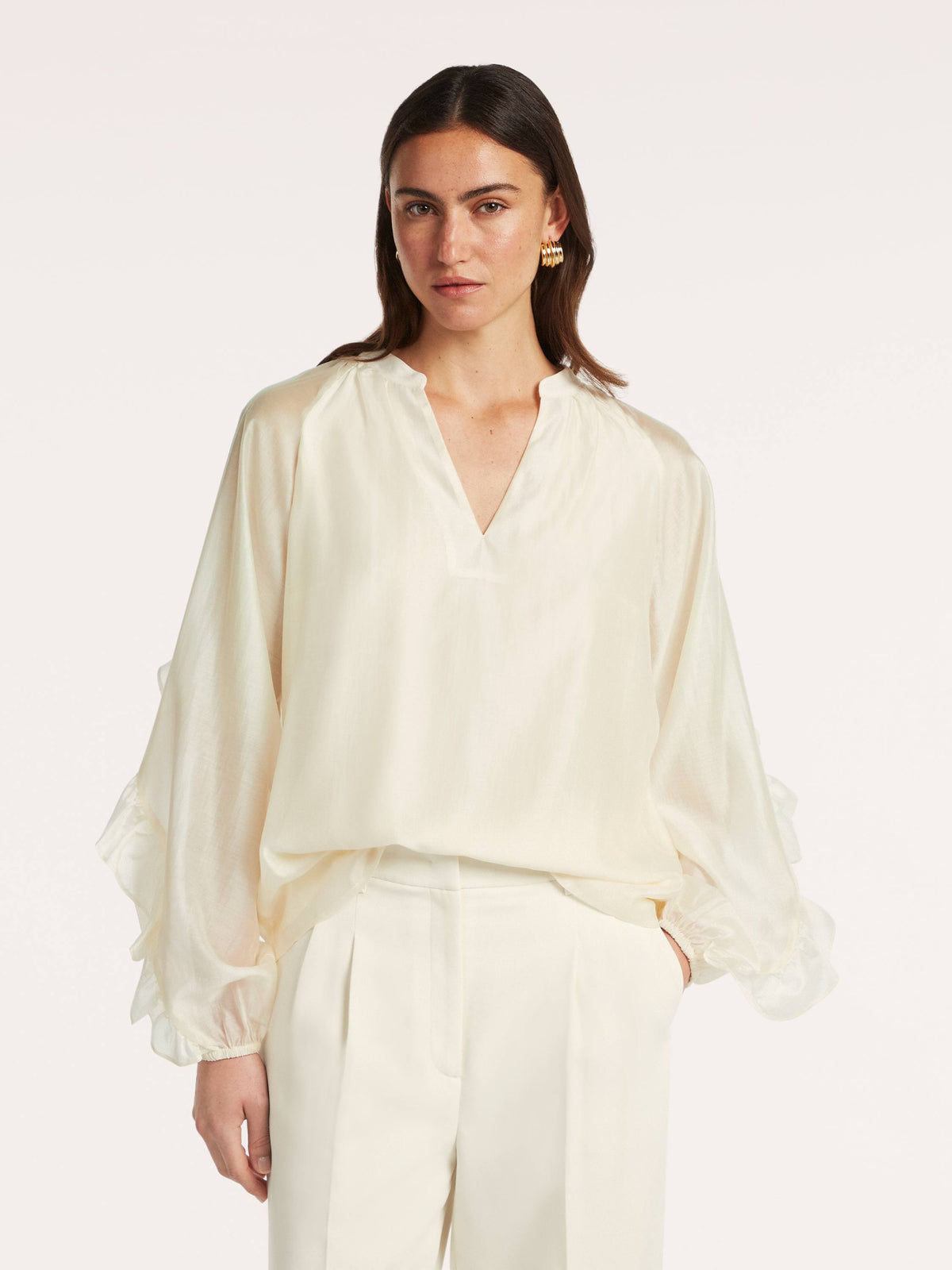 Beaumont Amanda Blouse in cream with sheer organza fabric and ruffled sleeve detail