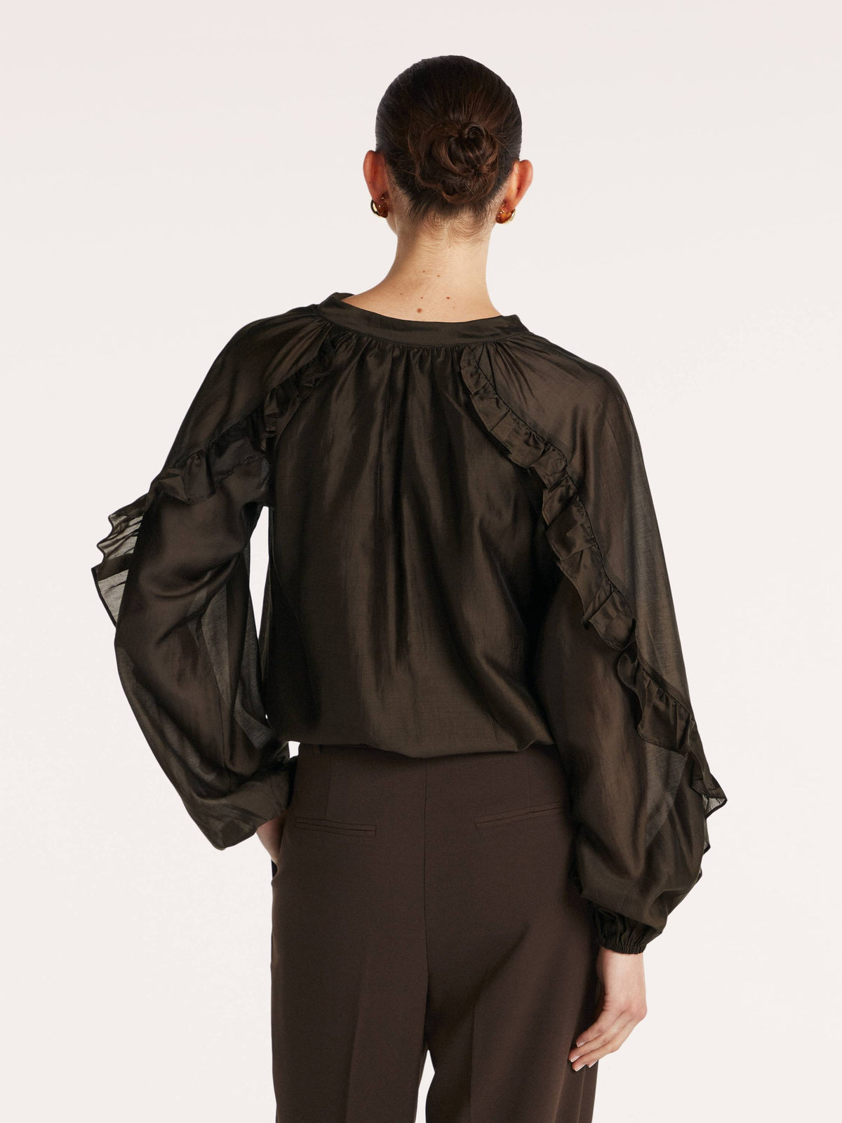 Beaumont Amanda Blouse in dark brown back view showing statement ruffle detailing