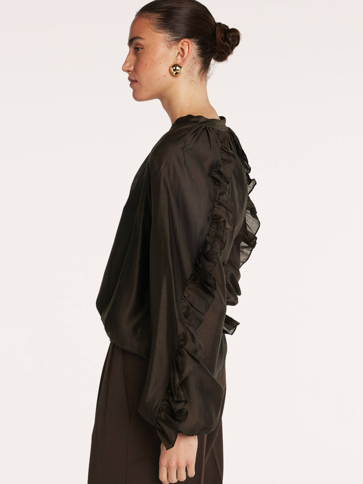 Beaumont Amanda Blouse in dark brown side showing statement ruffle detailing