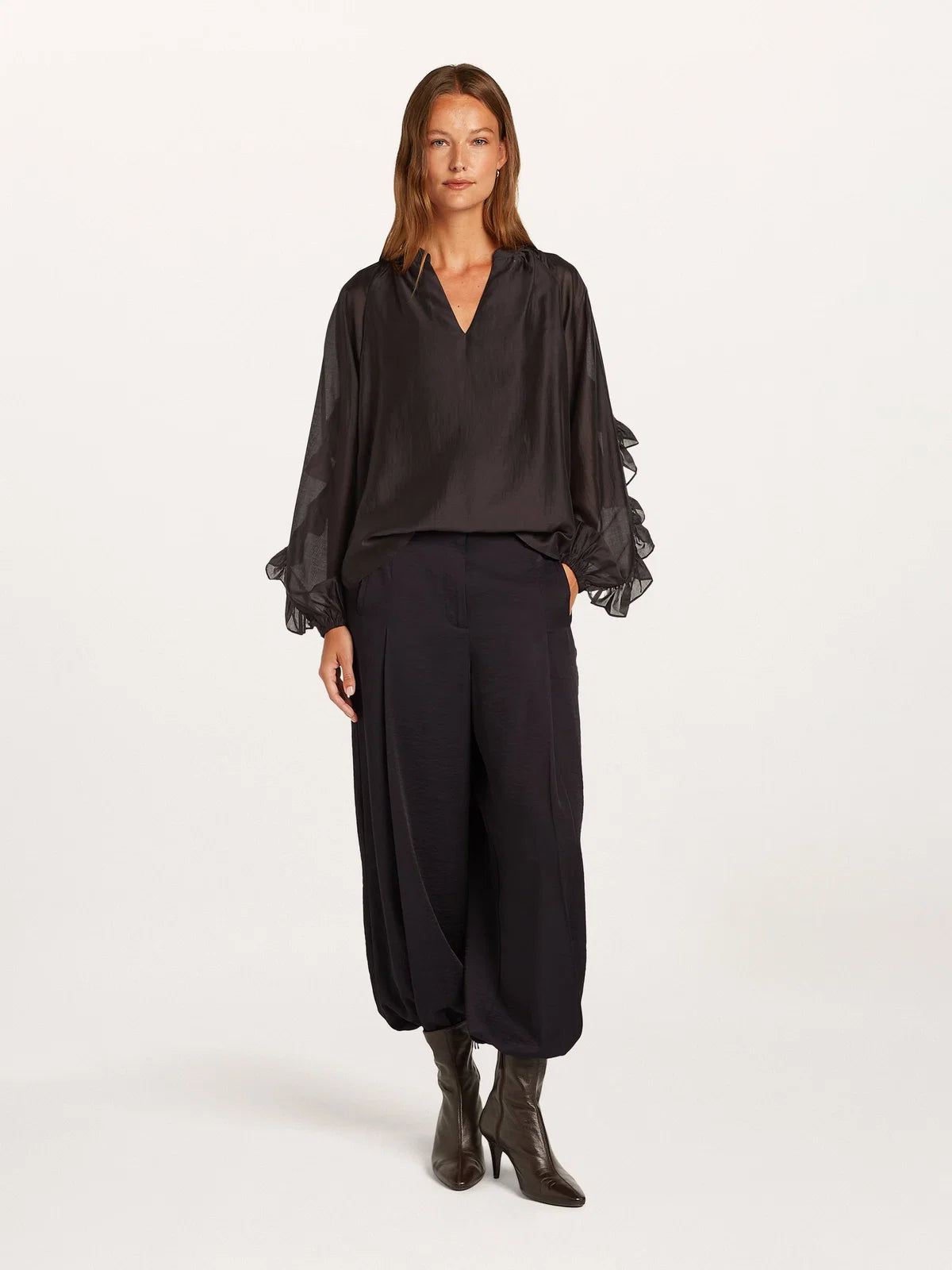 Beaumont Amanda Blouse in Plum front view showing loose fit and ruffled long sleeves
