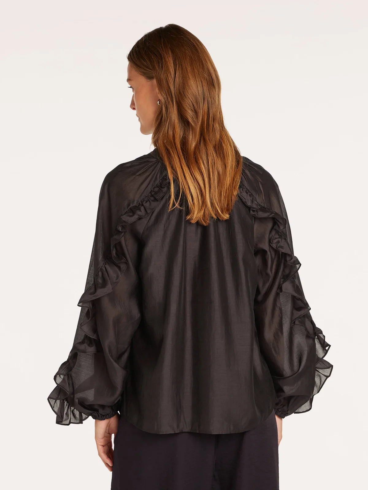 Beaumont Amanda Blouse in Plum back view showing statement ruffle detailing