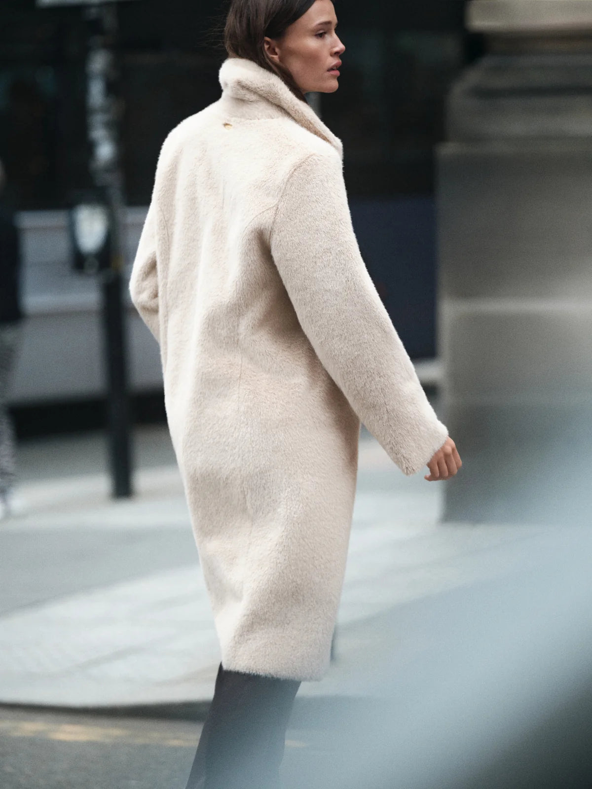 Beaumont Coby coat showing faux suede reverse side in champagne