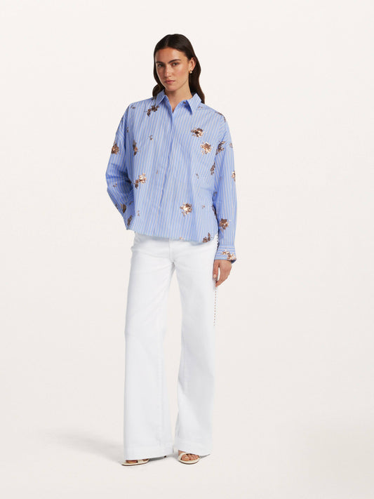 Beaumont Deborah Blouse in Blue Stripe styled on model