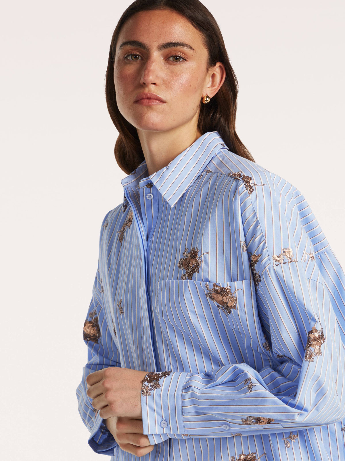 Beaumont Deborah striped blouse collar and sequin detail