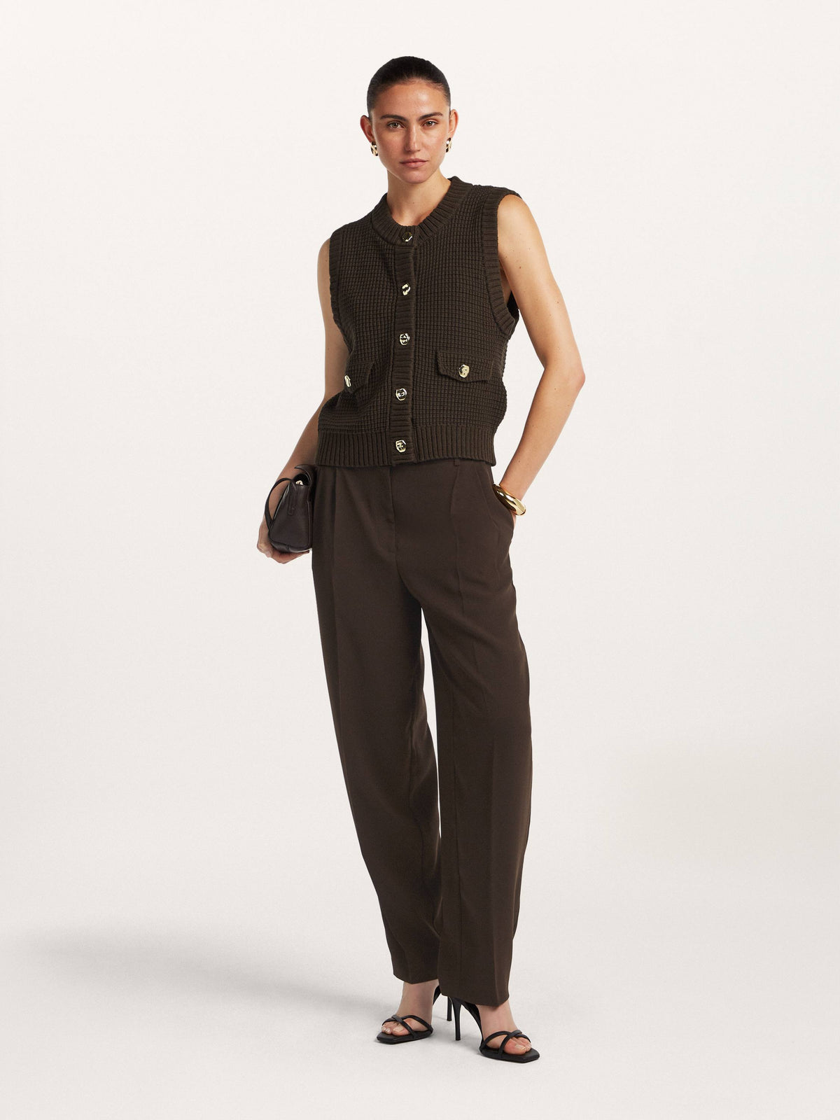 Beaumont Bettine Dark Chocolate knitted gilet styled on model