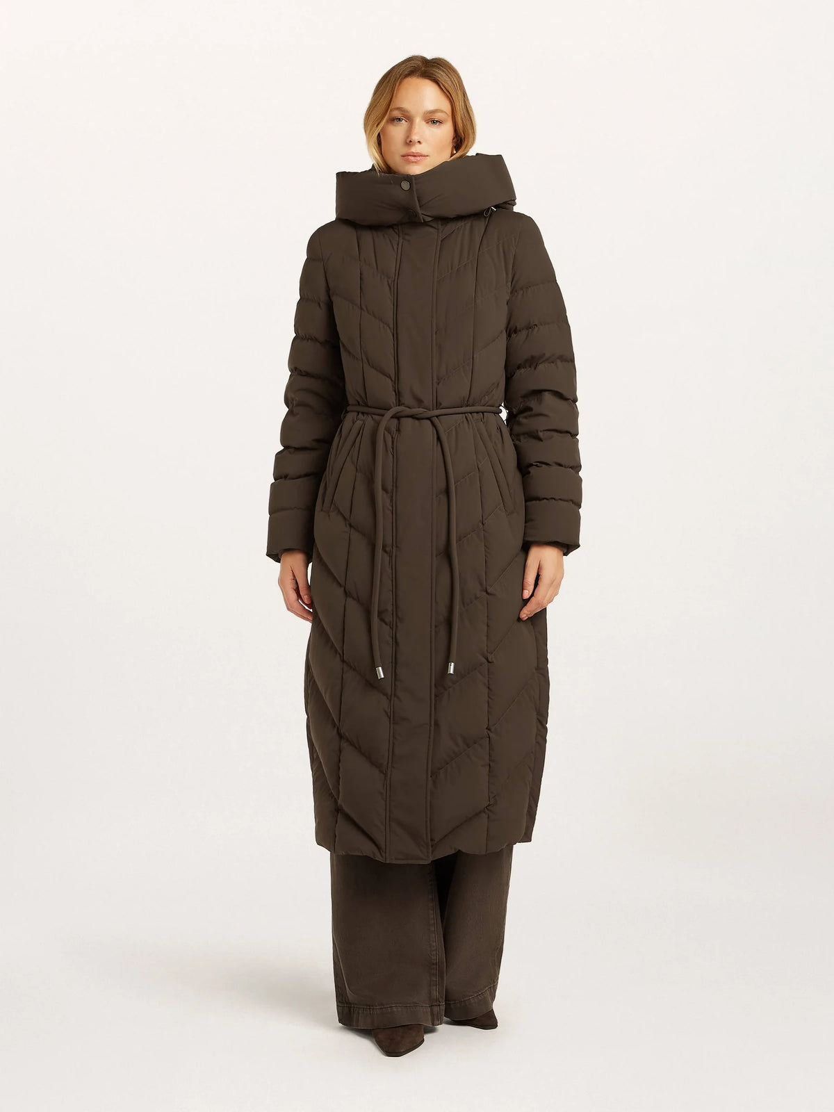 Beaumont Valea Dark Chocolate long puffer styled on model