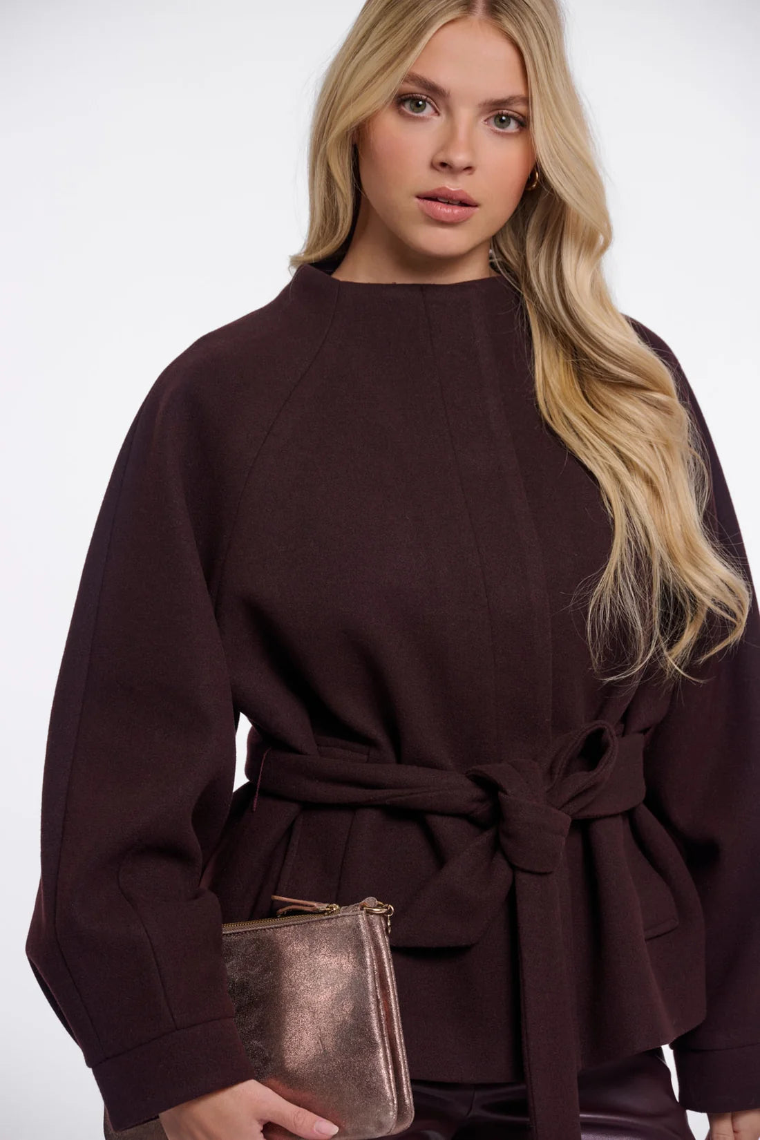 Rino & Pelle Cornelia belted coat in Chocolate Bean styled on model