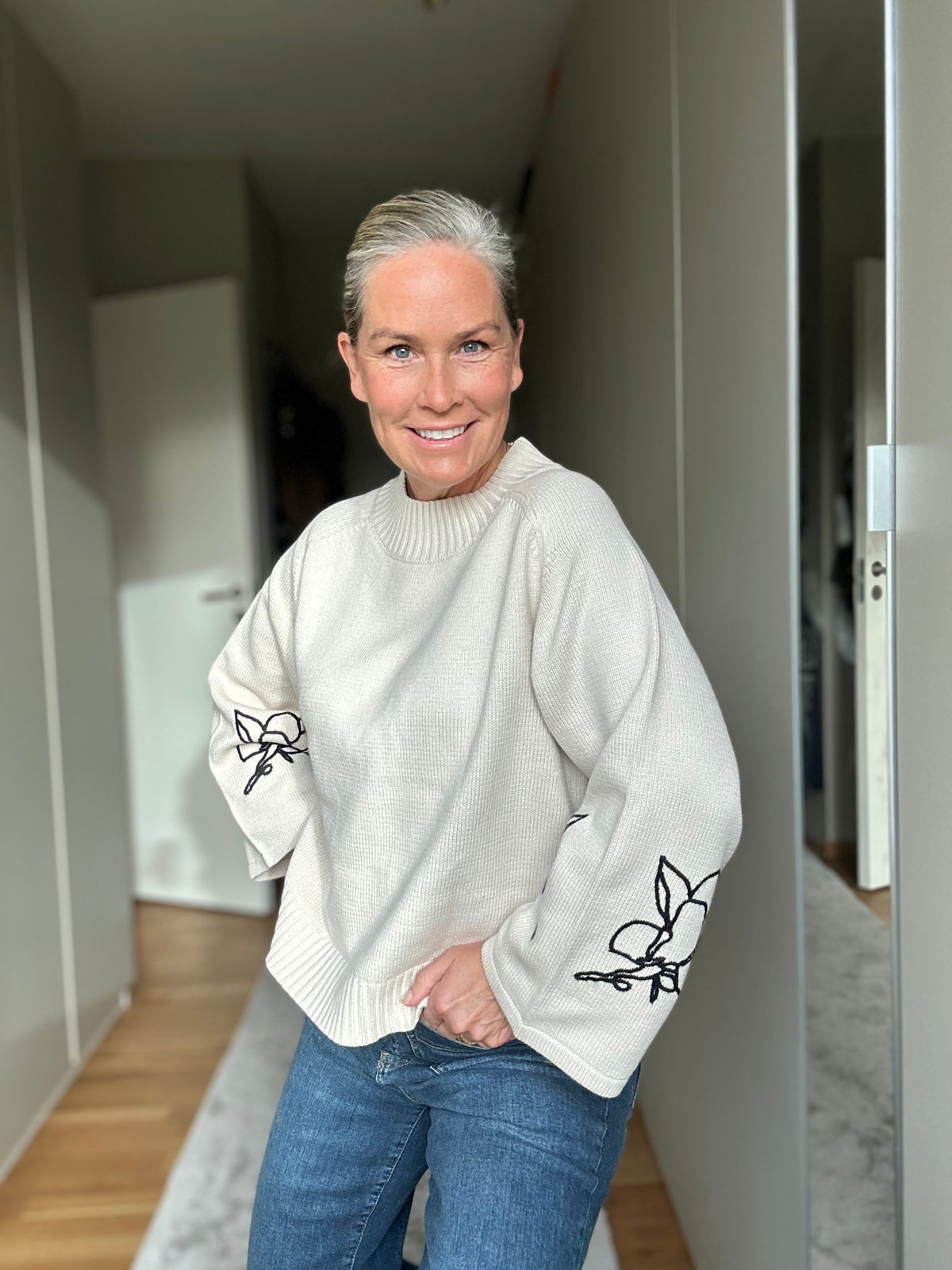 I SAY Gwen Deco Pullover in Creamy w/Black front view