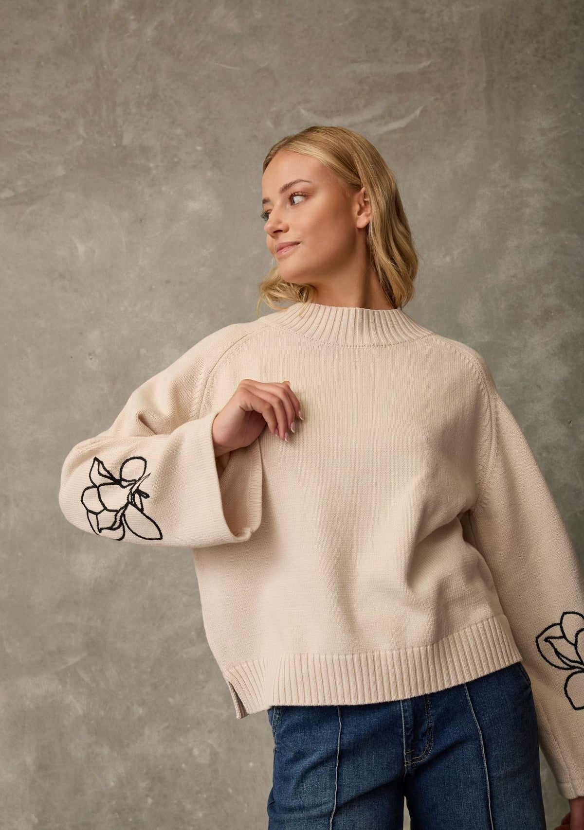 I SAY Gwen Deco Cream and Black knit styled on model
