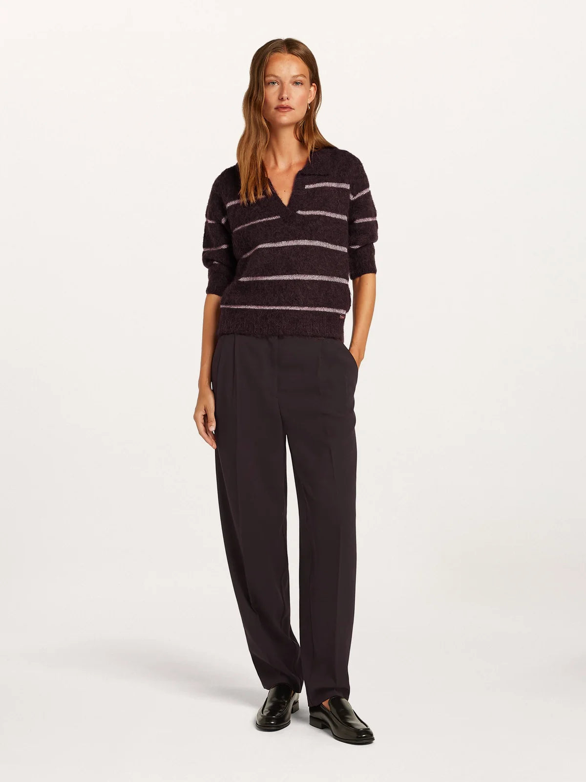 Beaumont Helene Plum alpaca blend sweater styled on model