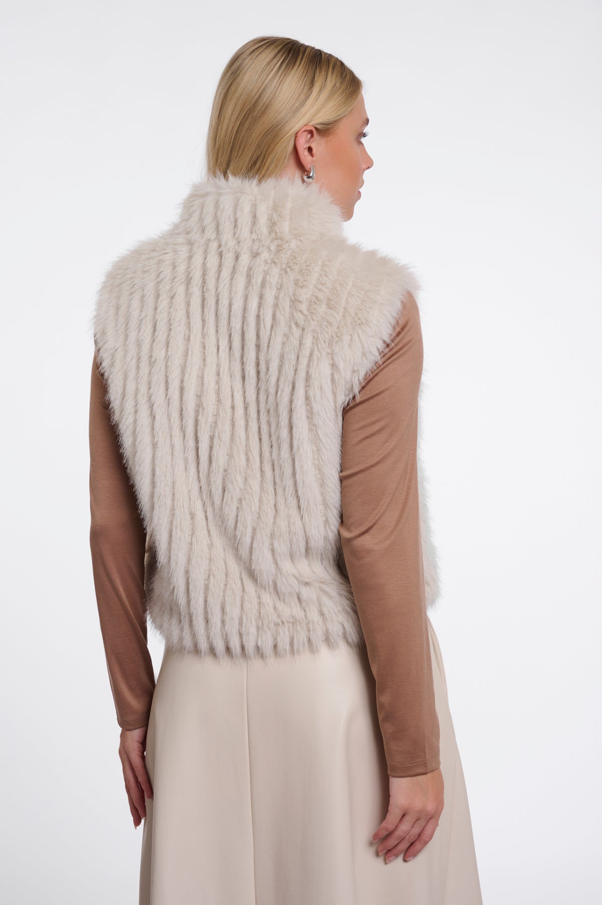 Rino & Pelle Dava neutral faux fur waistcoat back model view birch 
