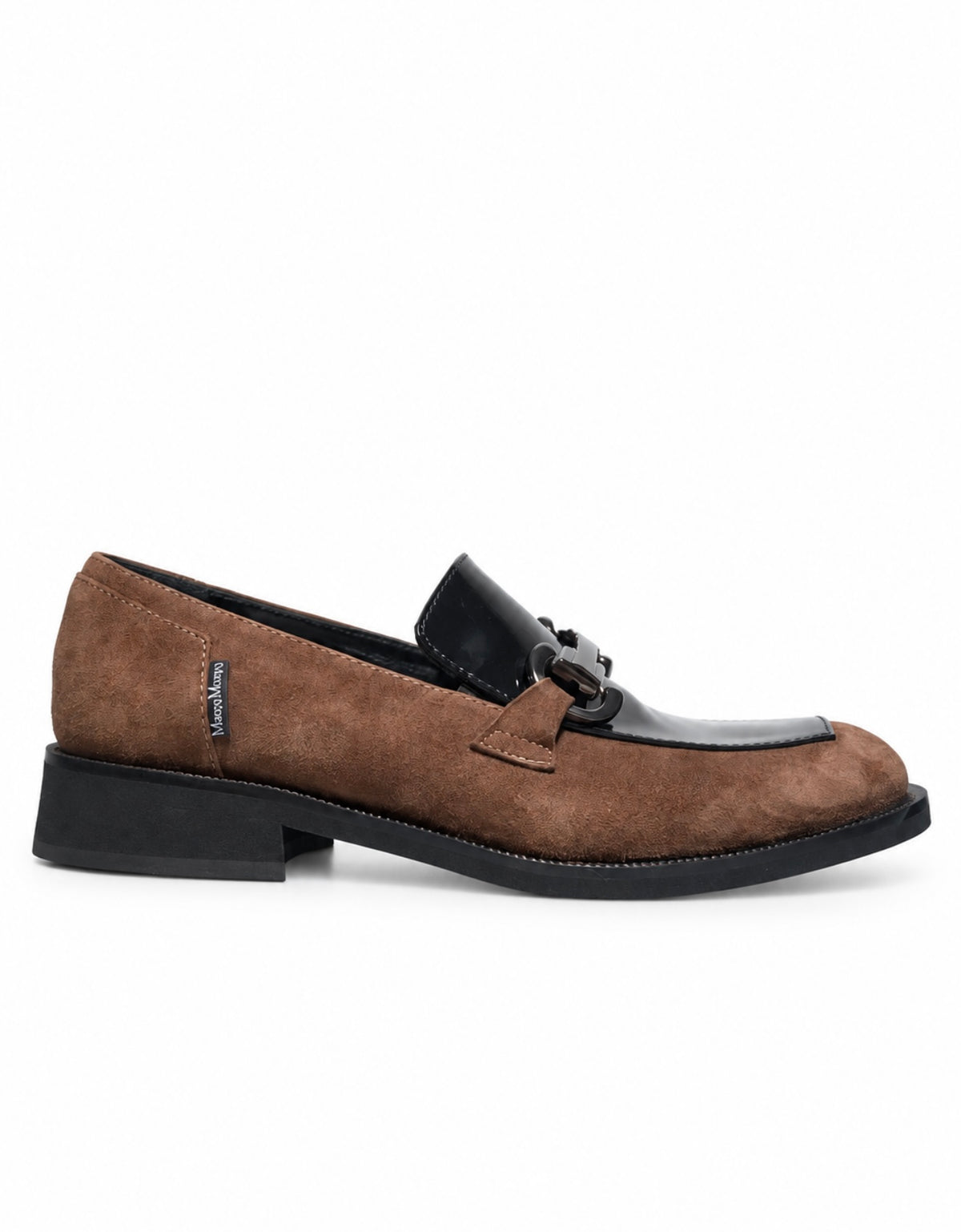 A brown suede and black leather loafer with a low black block heel, shown in a side profile on a white background.