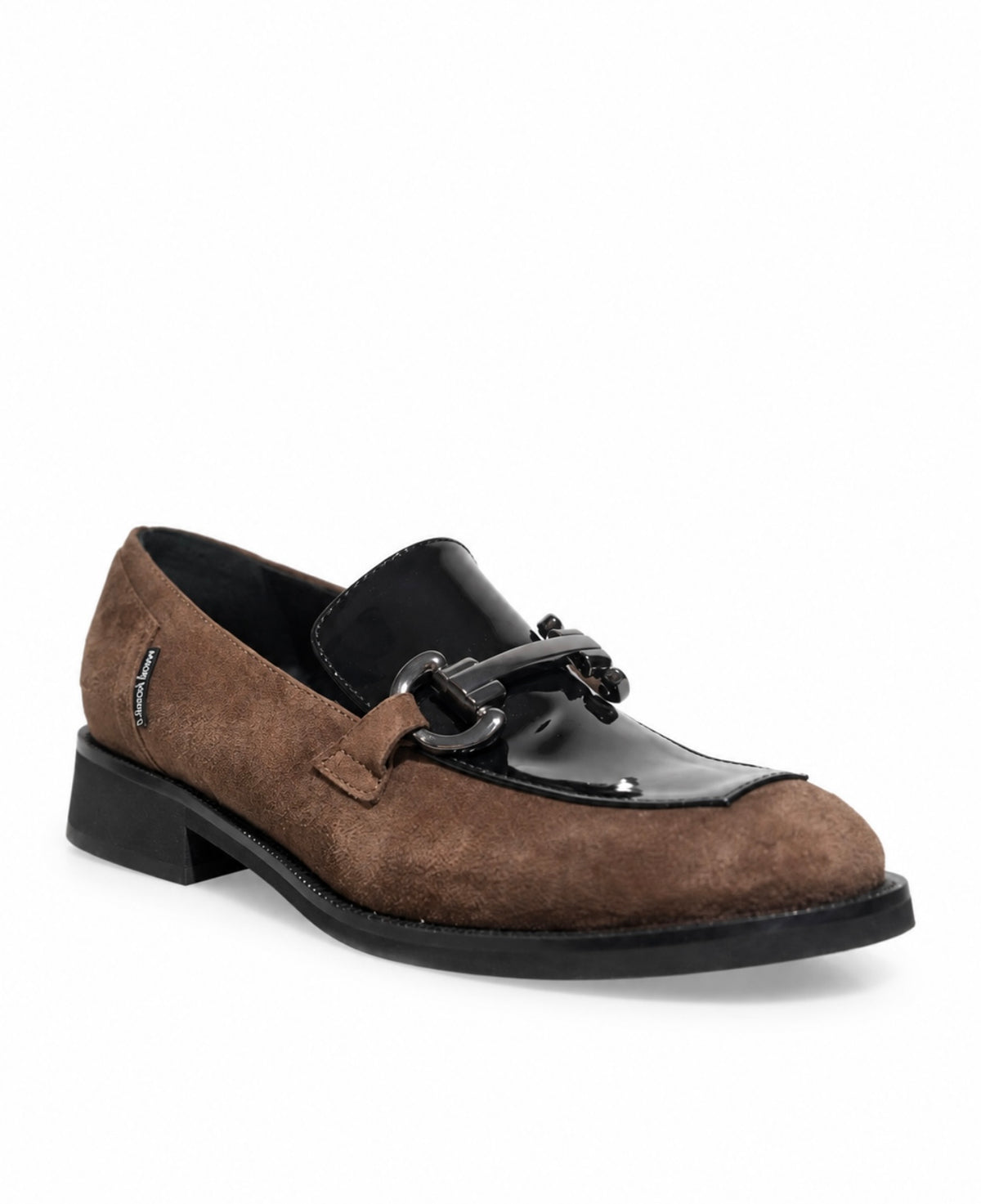 A brown suede and black patent leather loafer with a decorative chain strap detail across the vamp, shown from a three-quarters angle on a white background.