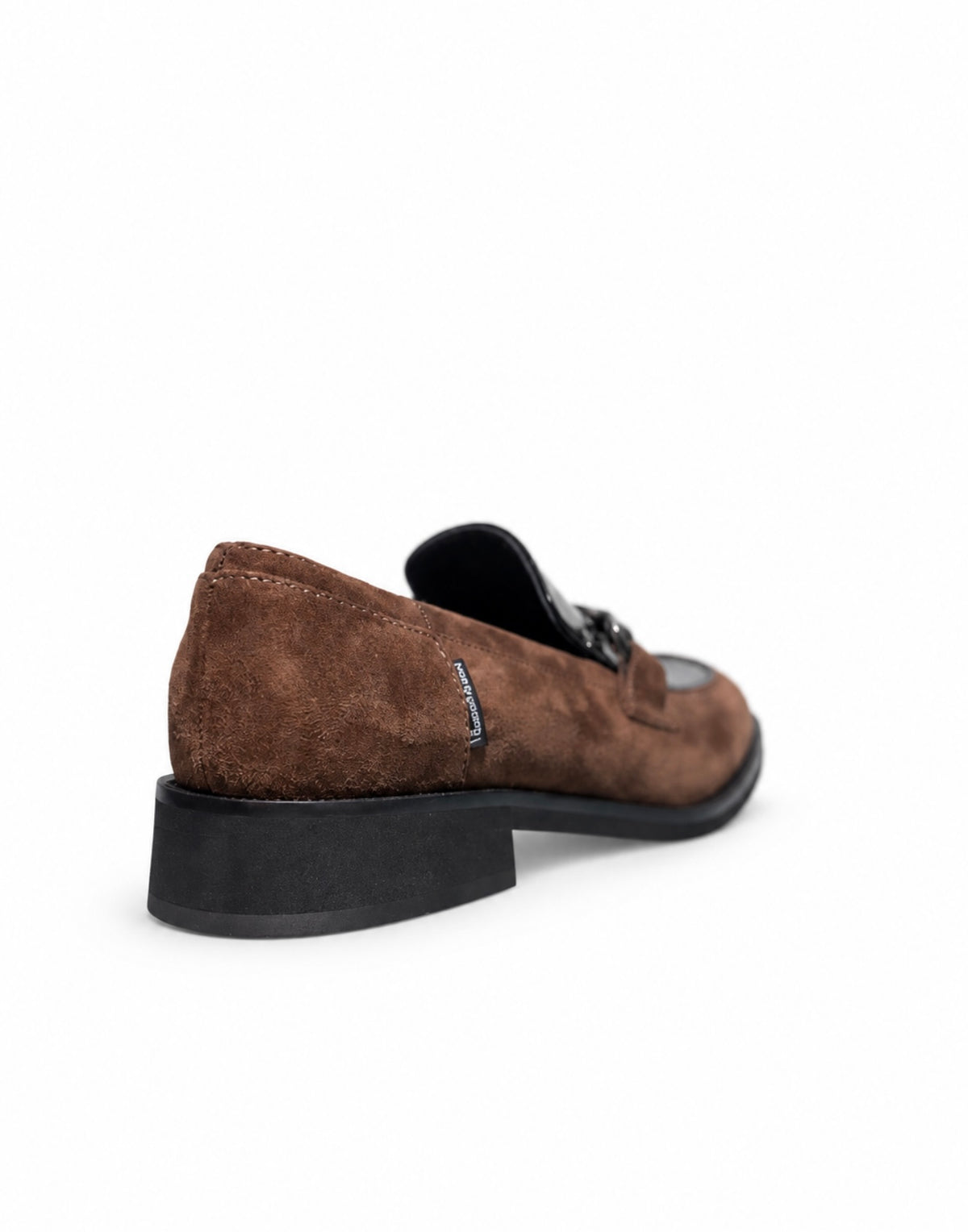 A brown suede loafer shown from a rear three-quarter angle on a clean white background.