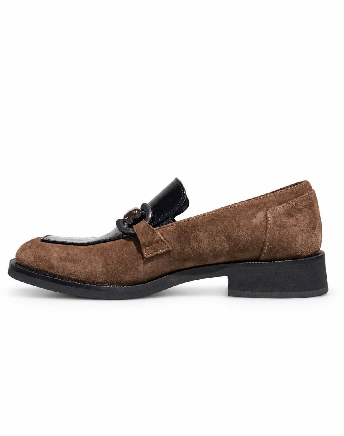 A brown suede loafer with a black leather strap and a small gold-tone decorative buckle, shown in a side profile on a white background.