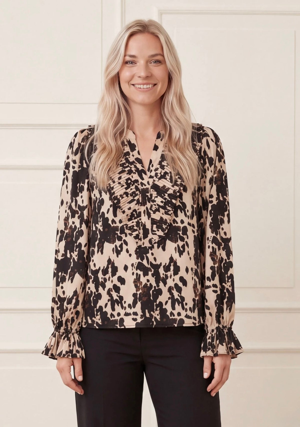 I SAY Melba Pleat Blouse in Earth Print front view