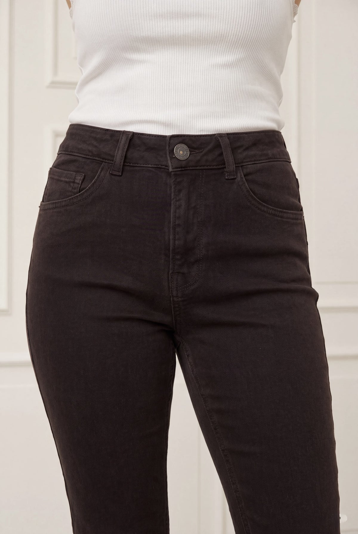 I SAY Monza Dark Brown trousers styled on model
