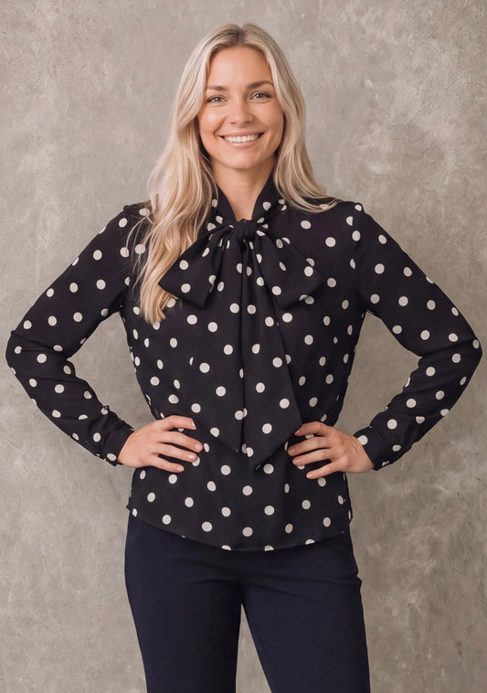 I SAY Osla Bow Blouse in Black w/Dots front view